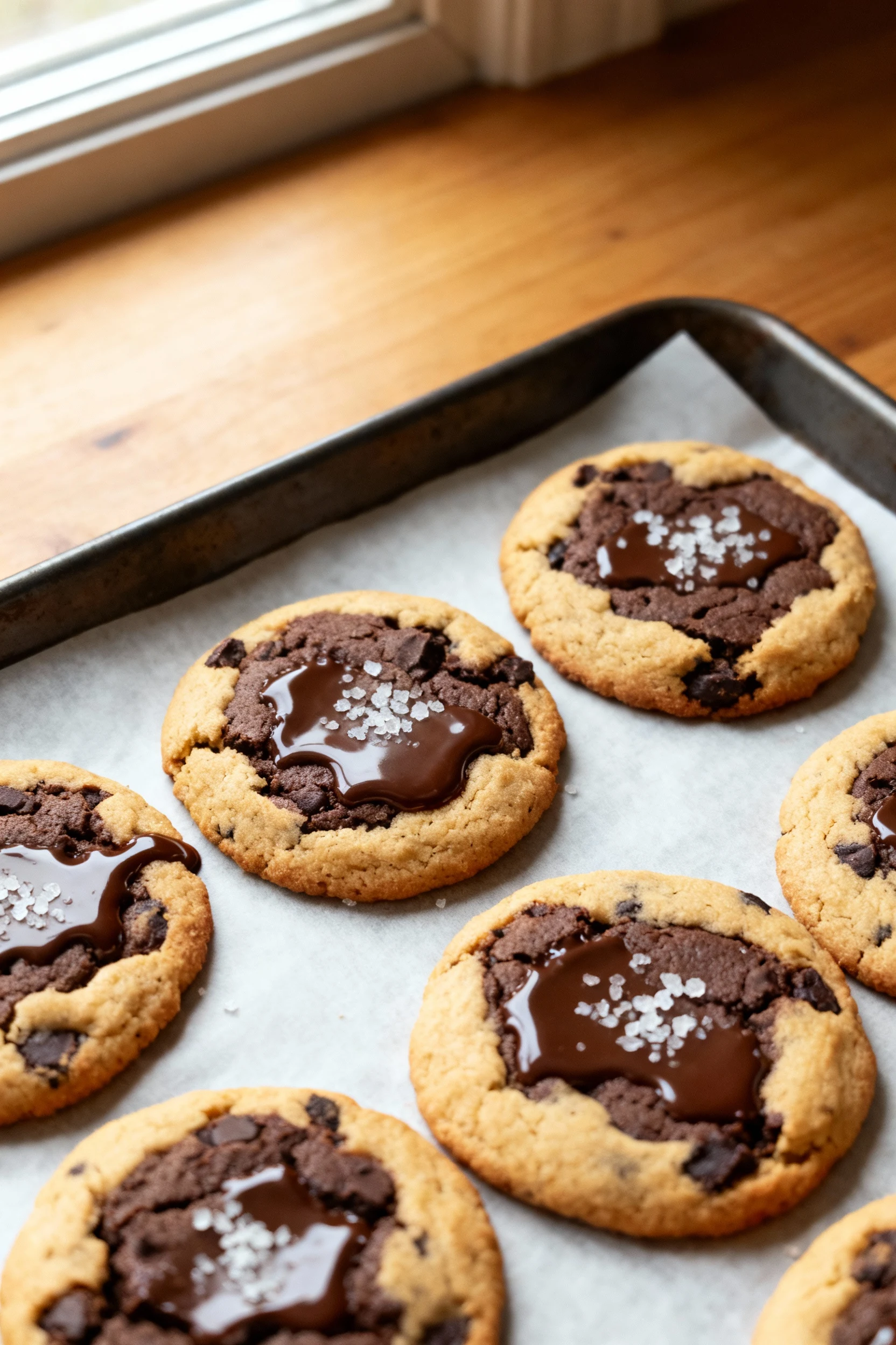 Overhead shot of freshly baked dark chocolate chip cookies on a parchment-lined tray; golden edges, soft centers with me