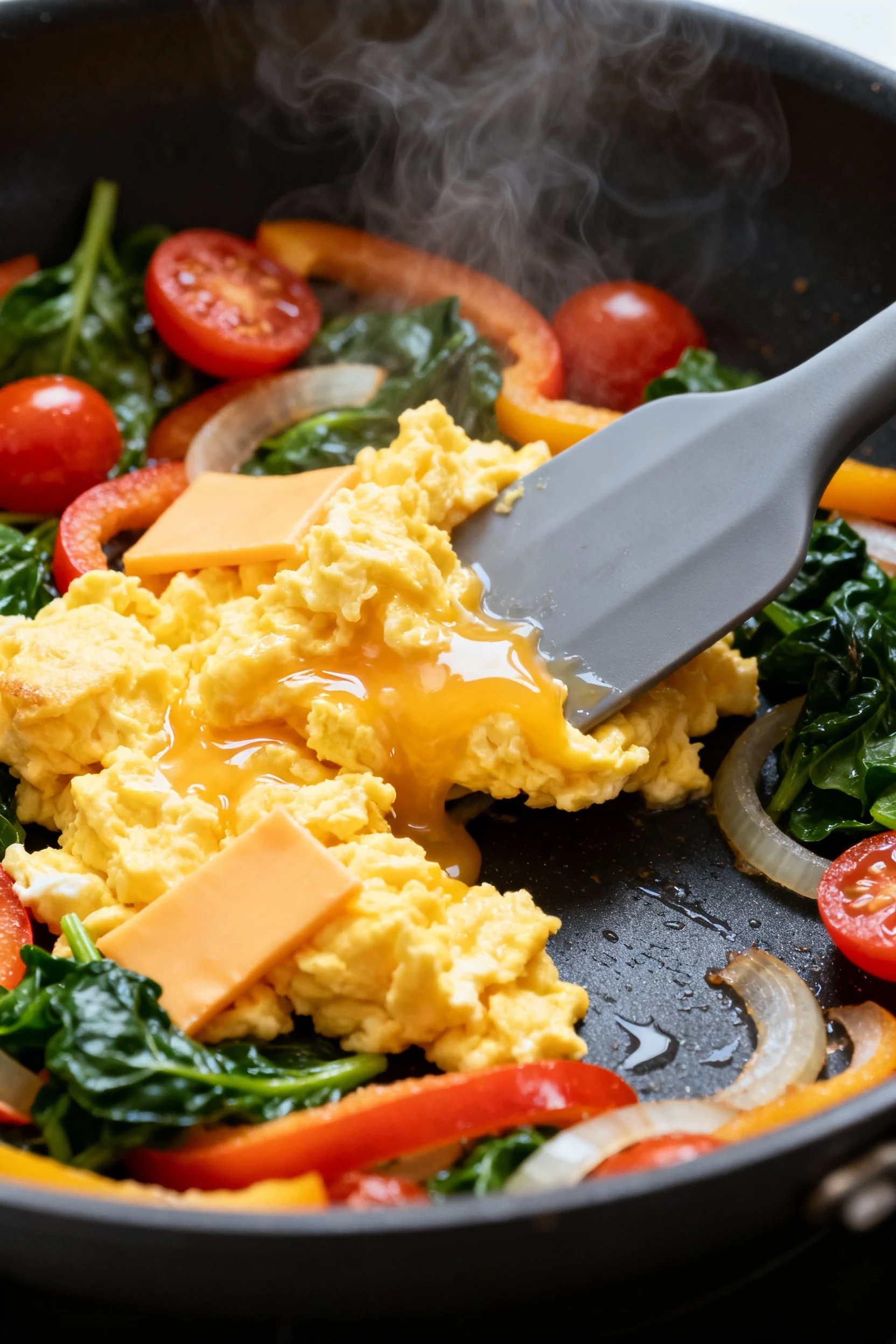 Close-up of soft-scrambled eggs forming glossy curds in a nonstick skillet with sautéed bell pepper, onion, wilted spina