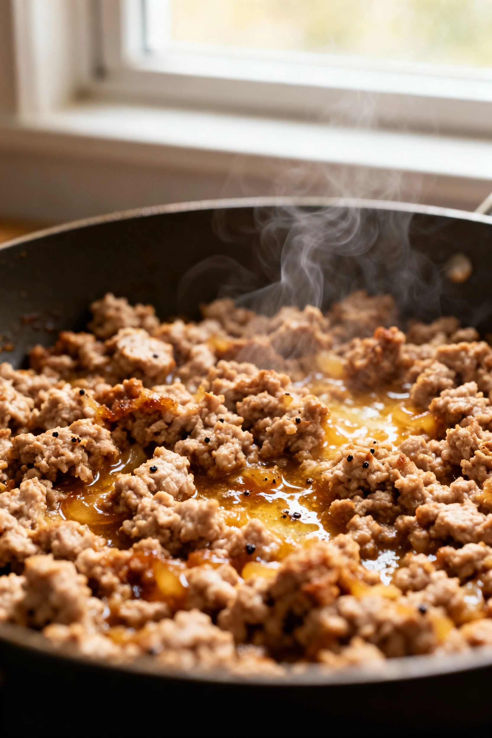 Close-up detail: browned extra-lean ground turkey crumbles in a matte skillet with caramelized fond and wisps of steam, 