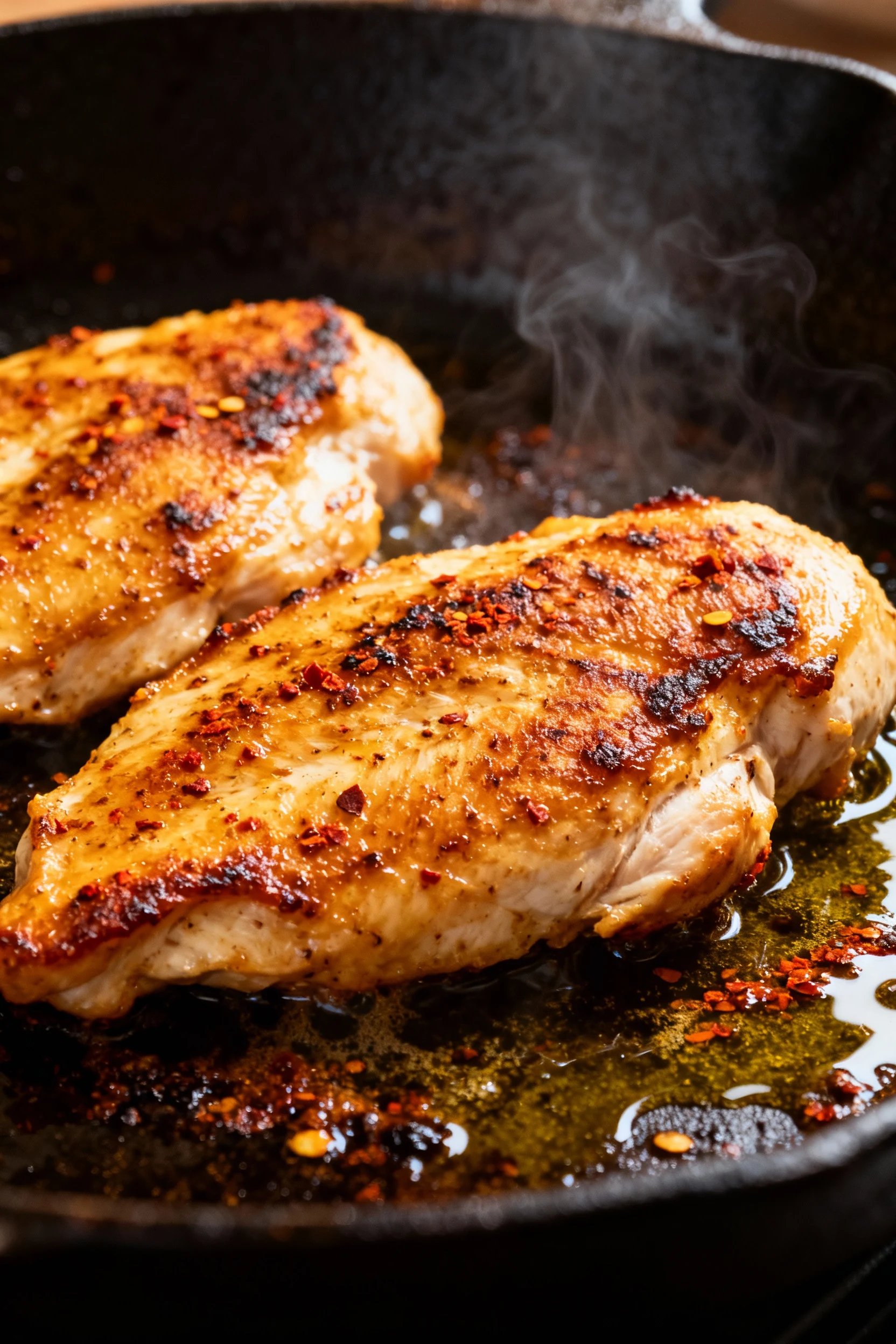 Cooking process: thin chicken cutlets searing in a ripping‑hot cast-iron skillet, deep golden Maillard crust and sizzlin