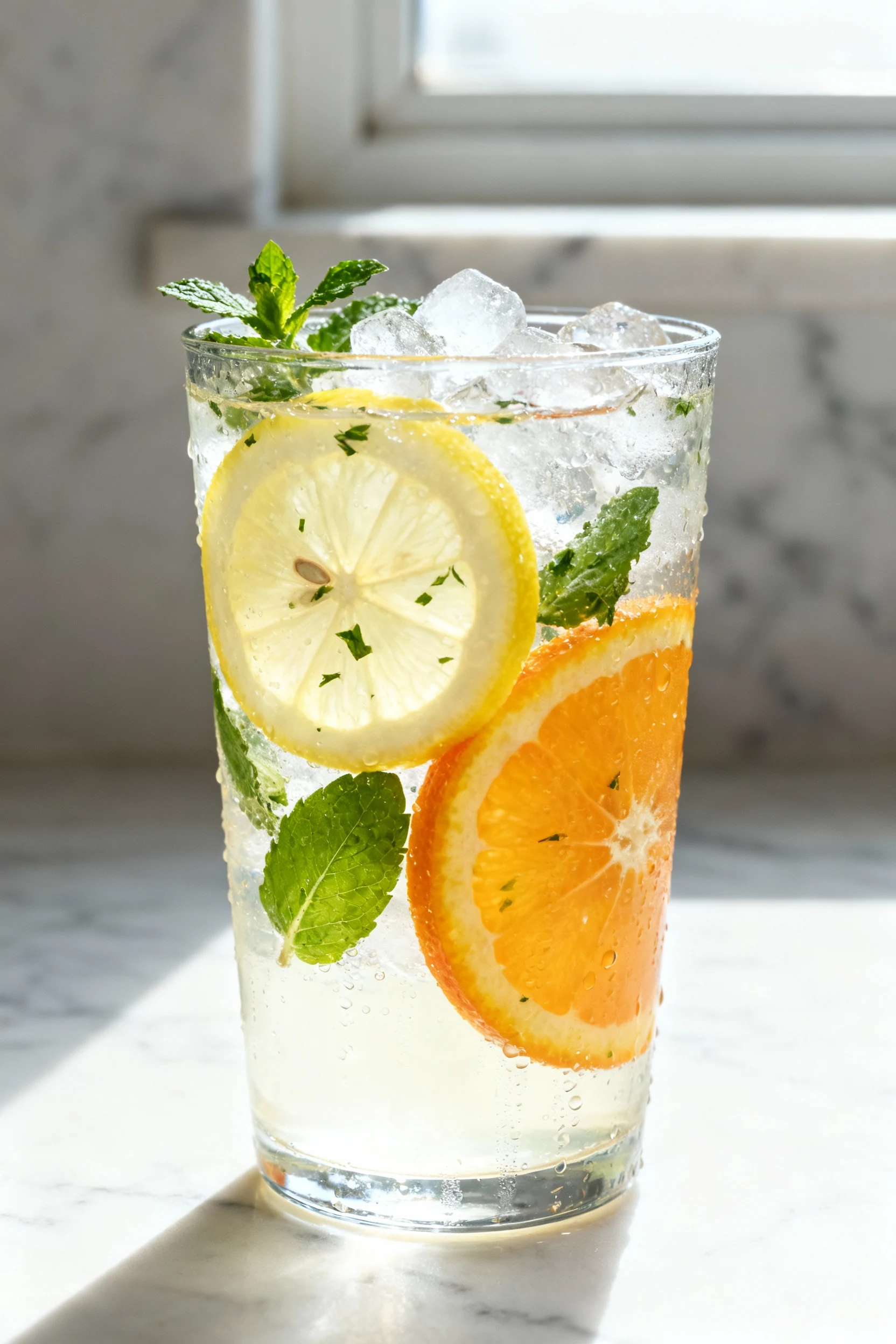 Close-up of chilled Citrus Mint Energizer in a clear tumbler: translucent lemon and orange wheels (seeds removed), light