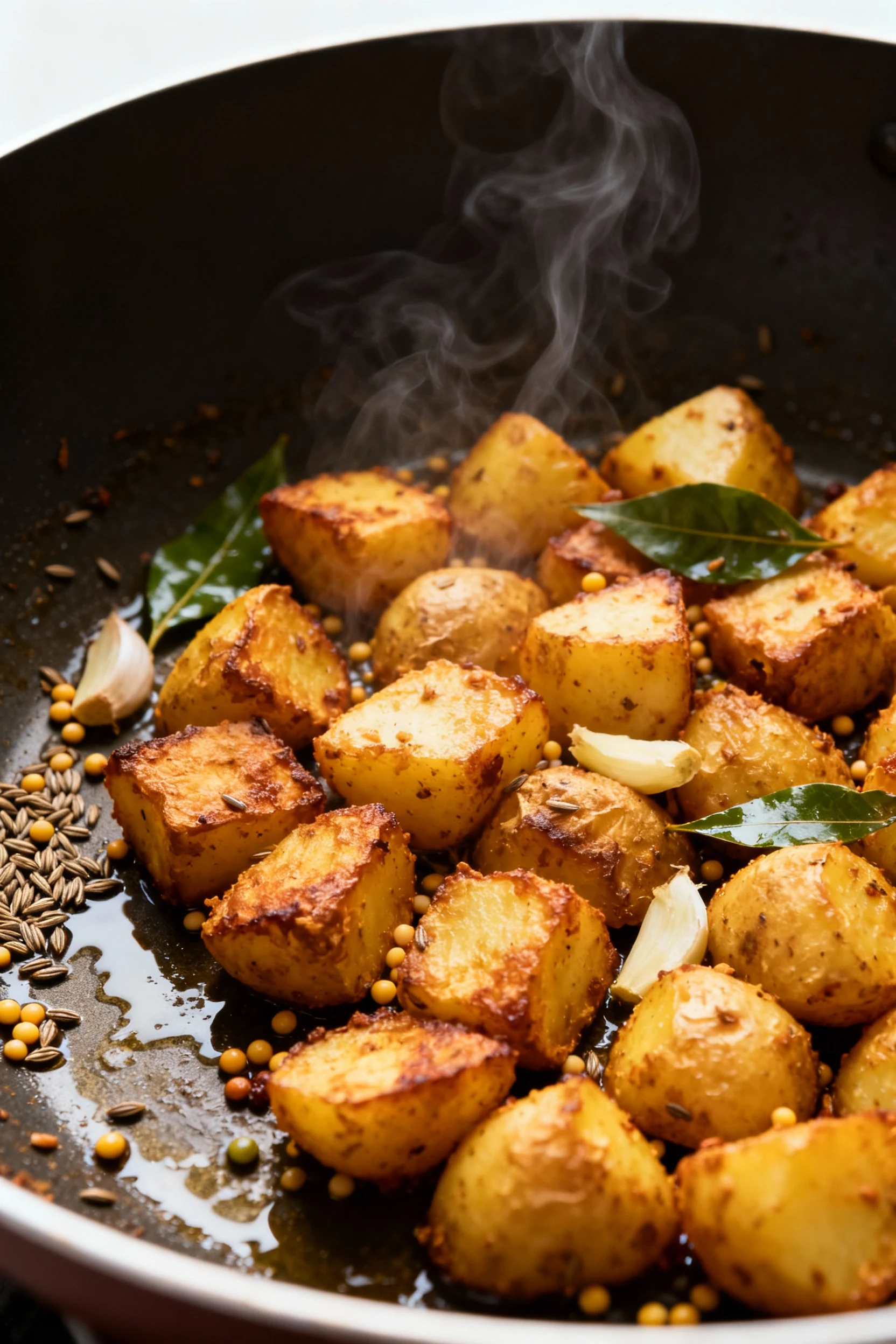Cooking process: masala aloo crisping in a wide skillet—steam-dried potato cubes searing undisturbed to a golden, craggy