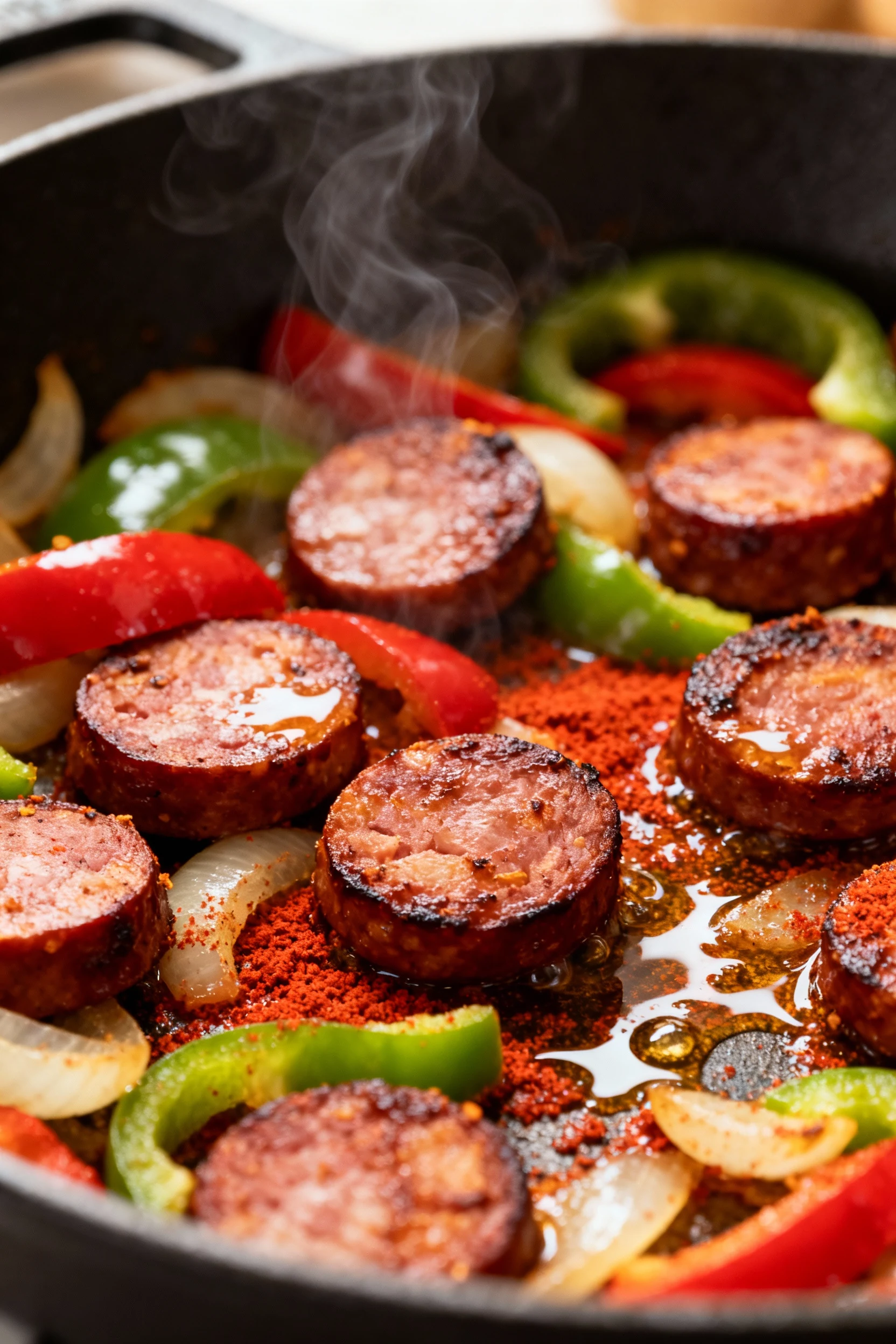 Close-up of browned andouille sausage coins seared in a skillet with softened red and green bell peppers and onions, Caj