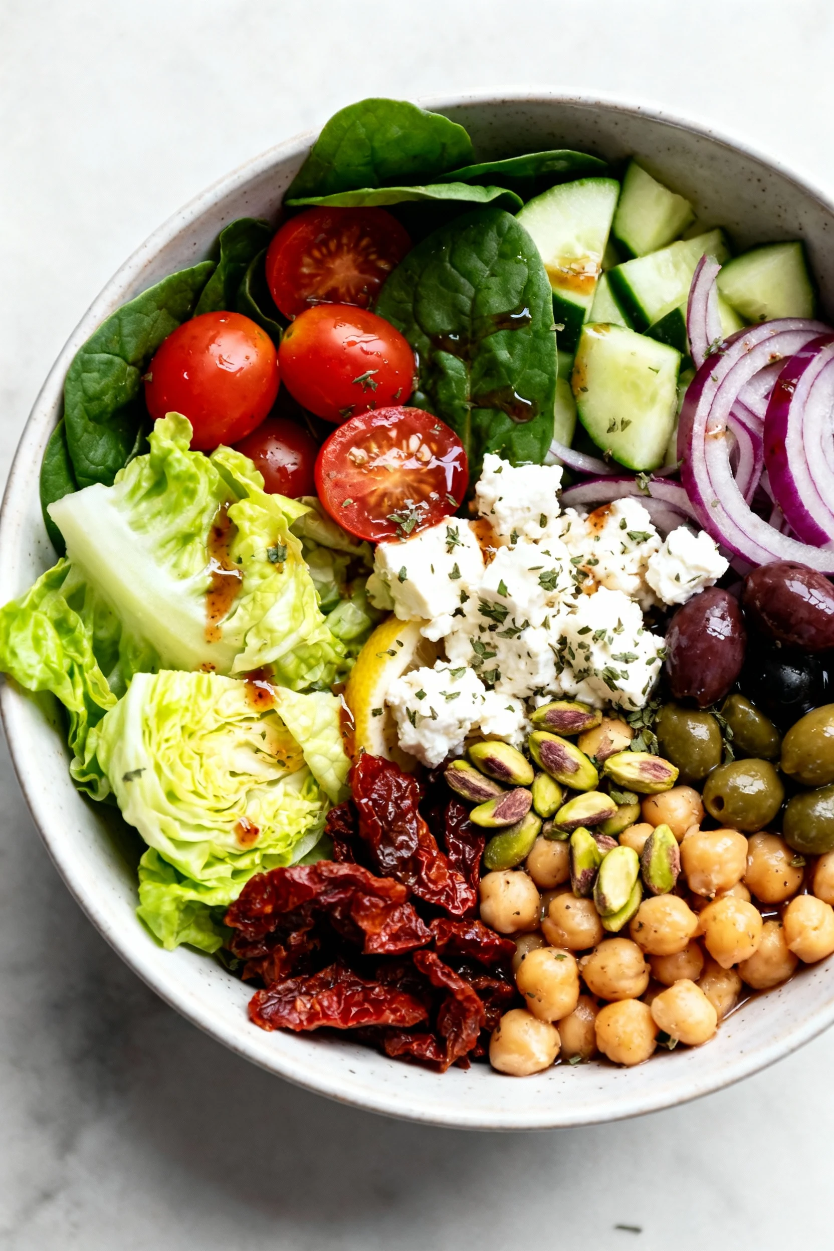 1. Overhead shot of Mediterranean Market Bowl showing little gem + spinach, tomatoes, cucumber, red onion, olives, caper