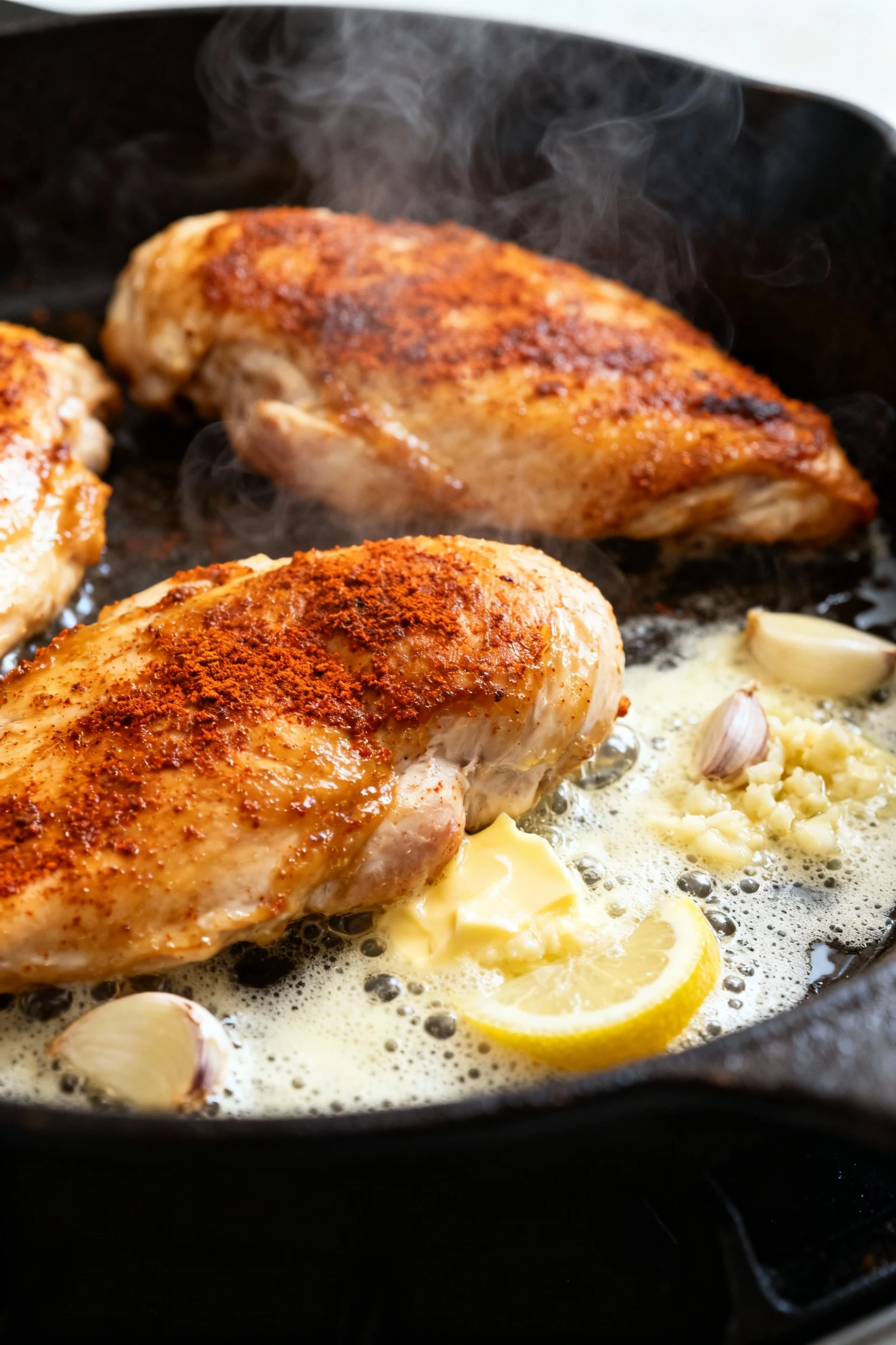 Close-up process: butter-basted chicken cutlets in a hot cast-iron skillet, deep golden crust from smoked paprika, foami