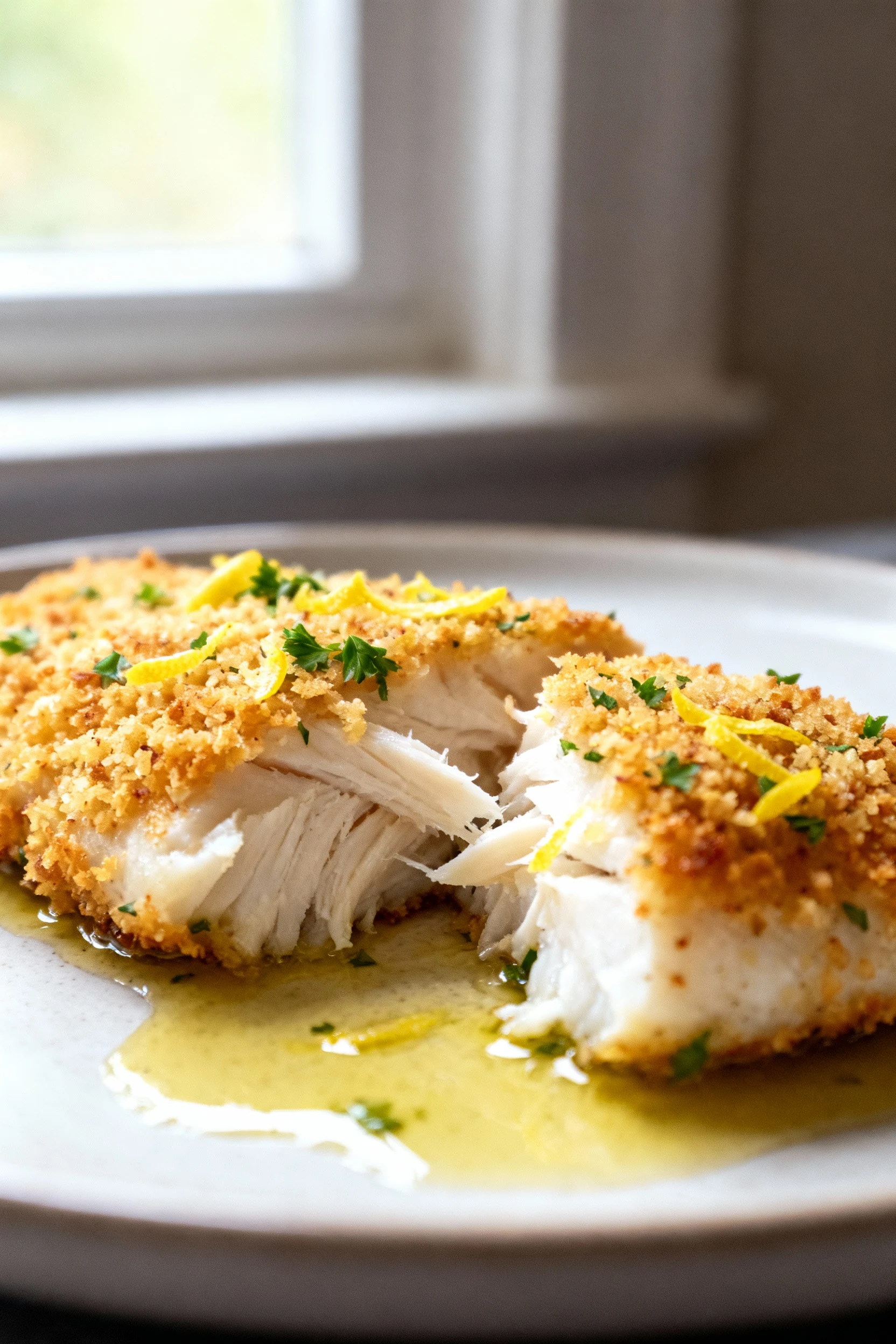 Close-up of crispy lemon-garlic panko–crusted cod, flakes gently pulled to reveal moist white layers, golden crumbs stud