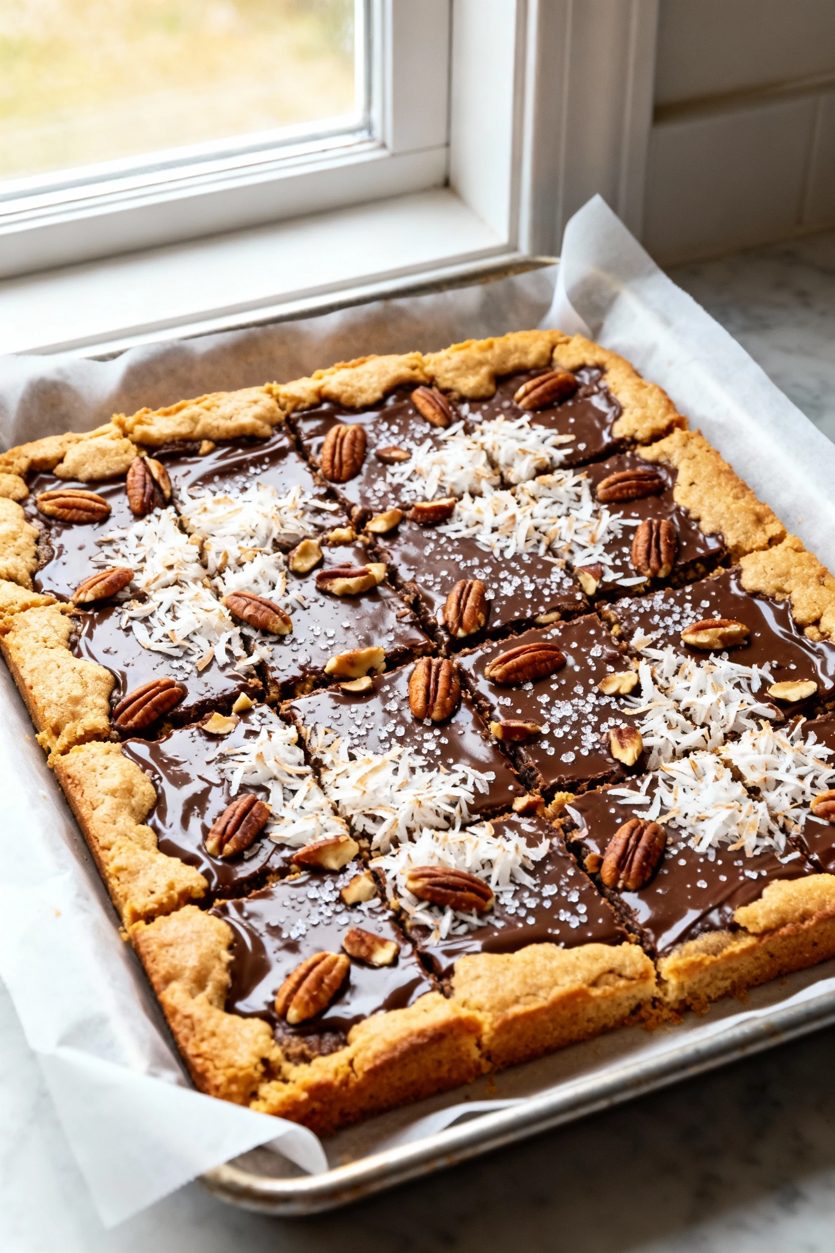Overhead shot of freshly baked Magic Cookie Bars in a parchment-lined 9×13 pan—golden edges, glossy set center, toasted 