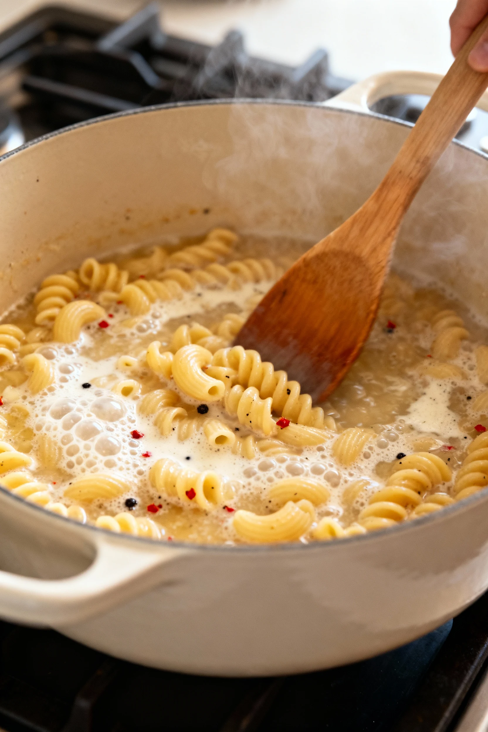 1. Cooking process: One-pot macaroni simmering in a broth-and-milk base, creamy bubbles clinging to elbows as a wooden s