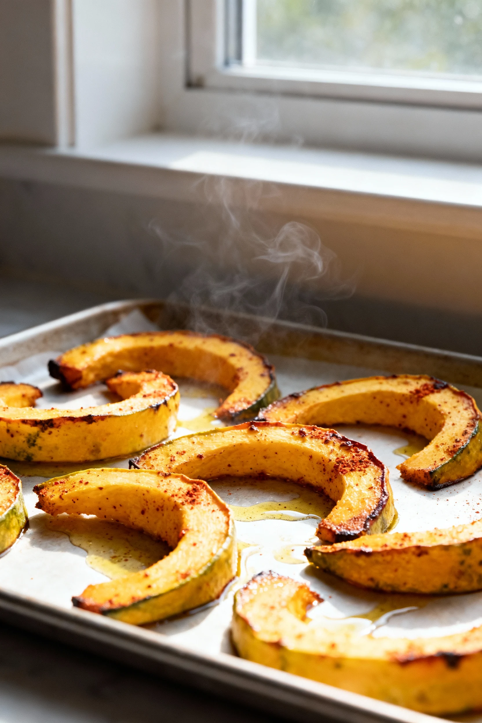 Cooking process: close-up of freshly roasted delicata squash half-moons on a sheet pan, caramelized edges, smoked paprik
