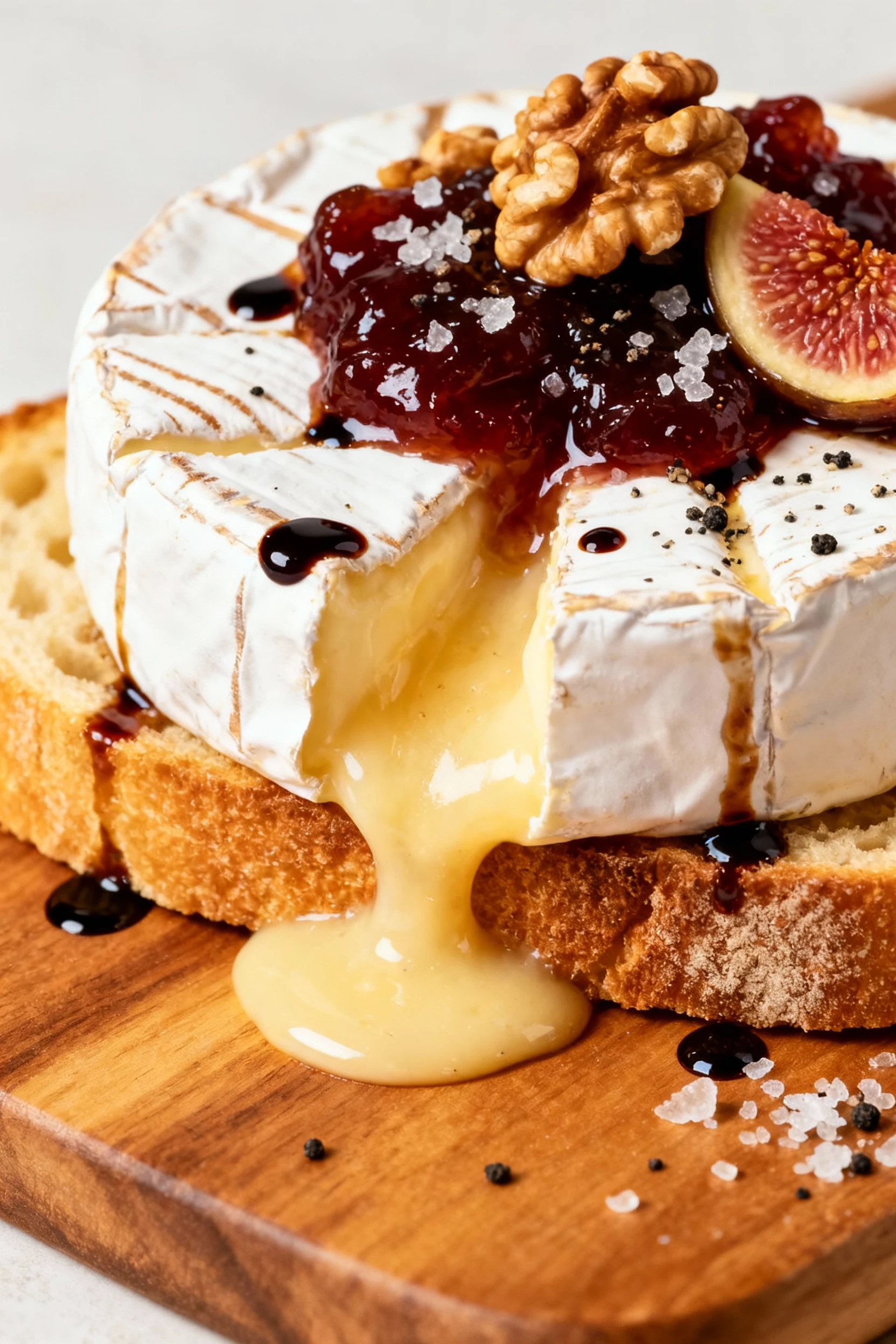 Close-up of molten baked Brie (unwrapped) with a lightly scored rind, topped with glossy fig jam, toasted walnuts, balsa