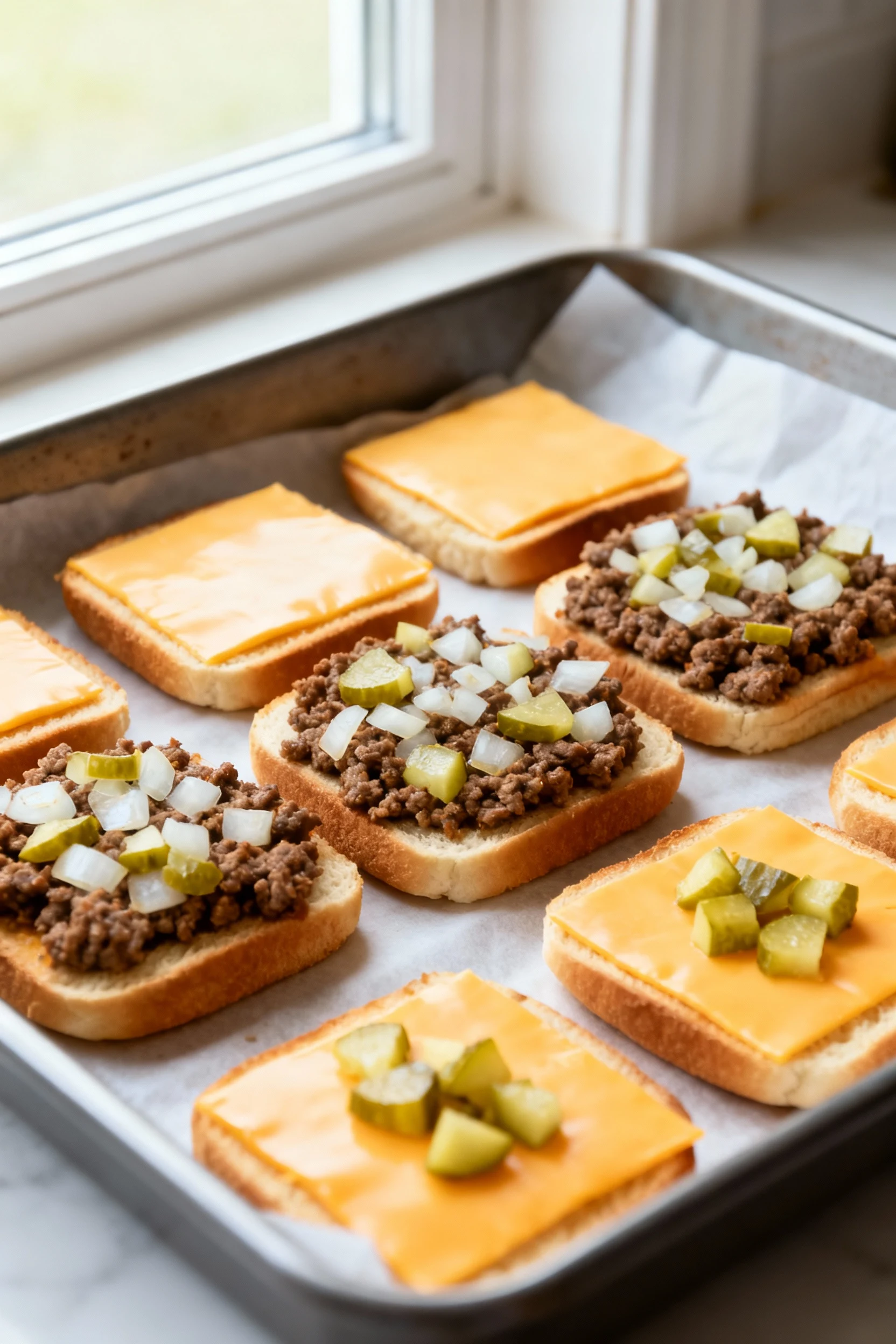 Cheeseburger sliders mid-assembly in a 9x13 pan: toasted bottom slab, first cheese layer, hot browned beef with diced on