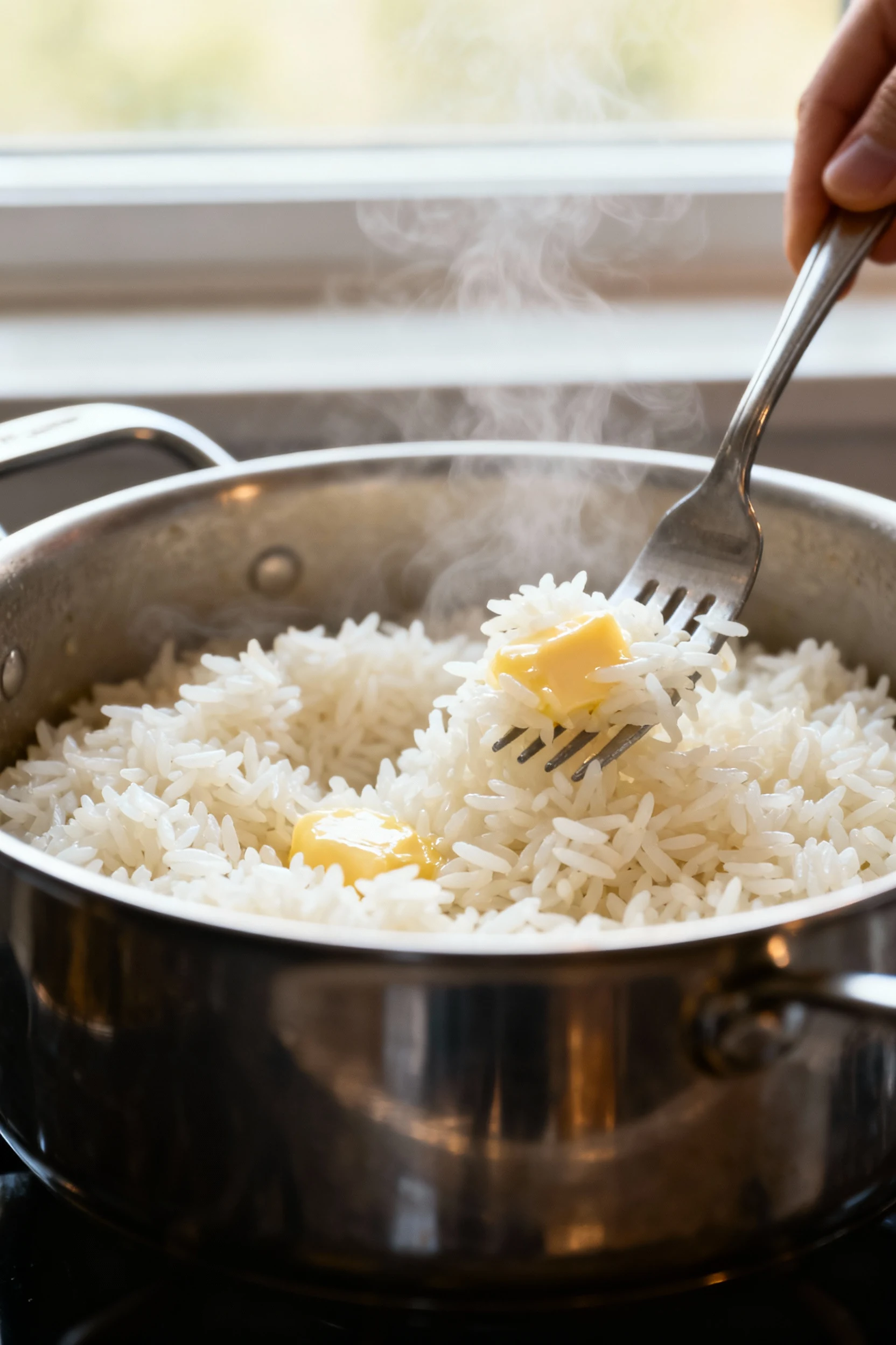 Close-up of fluffy long-grain white rice being fluffed with a fork in a stainless saucepan, steam rising, butter-glossed