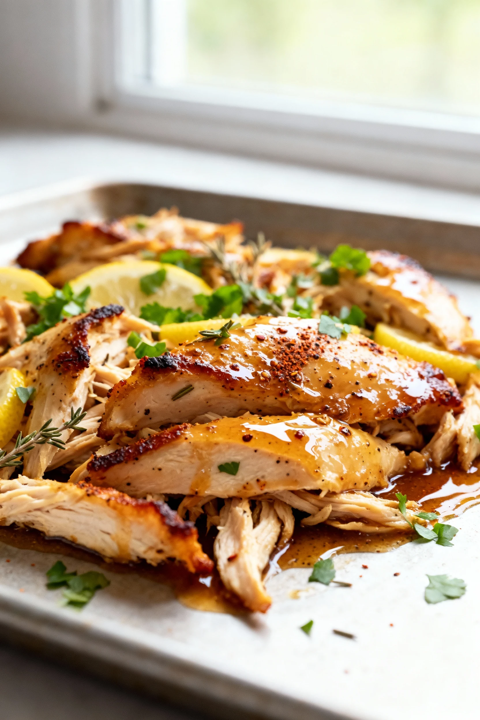 Close-up of broiled shredded honey-garlic lemon chicken with caramelized, crispy edges, glistening thickened soy-honey s