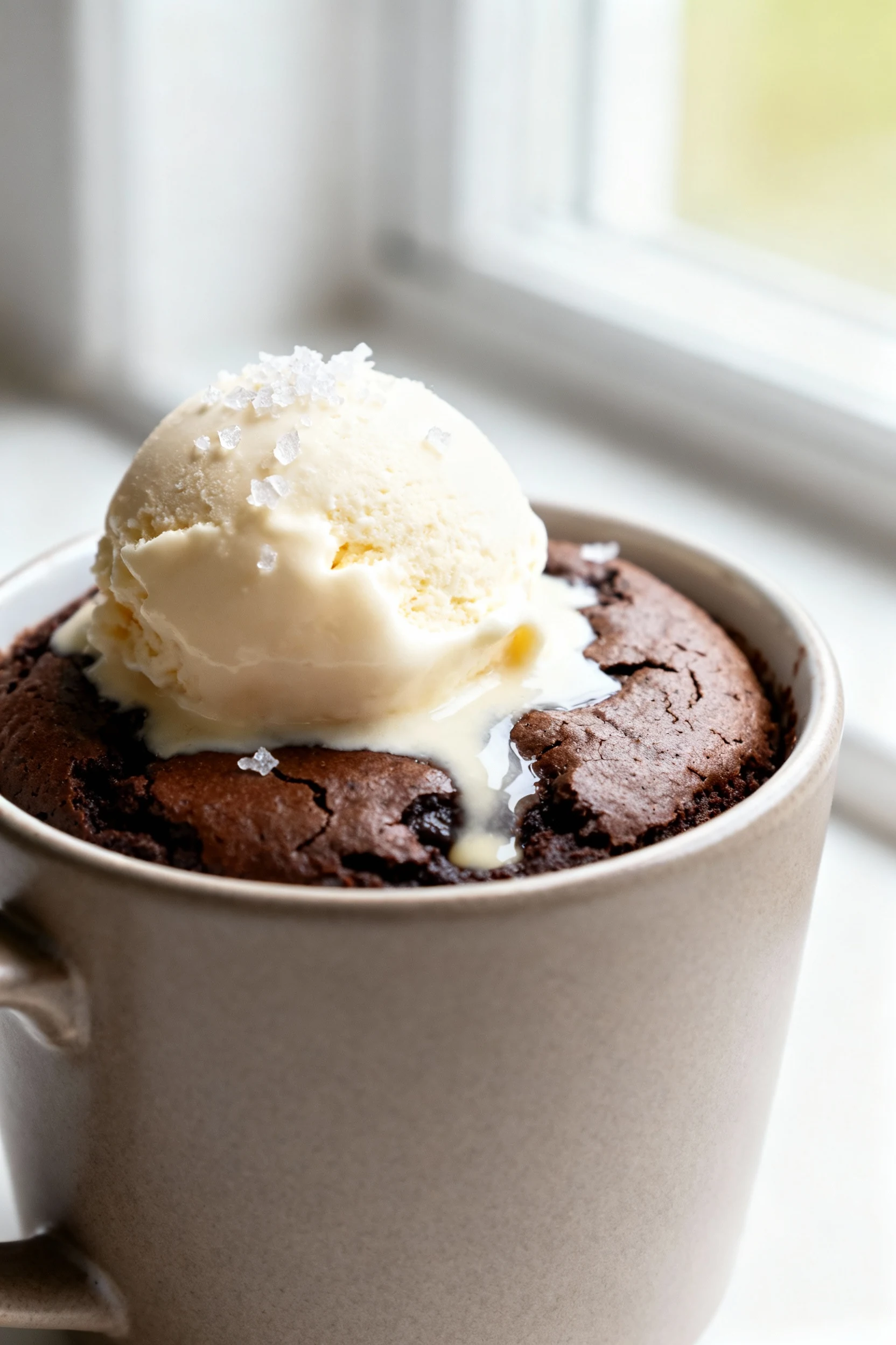 Close-up detail: Microwave mug brownie with a glossy fudgy center and lightly crackled surface, topped with a melting va