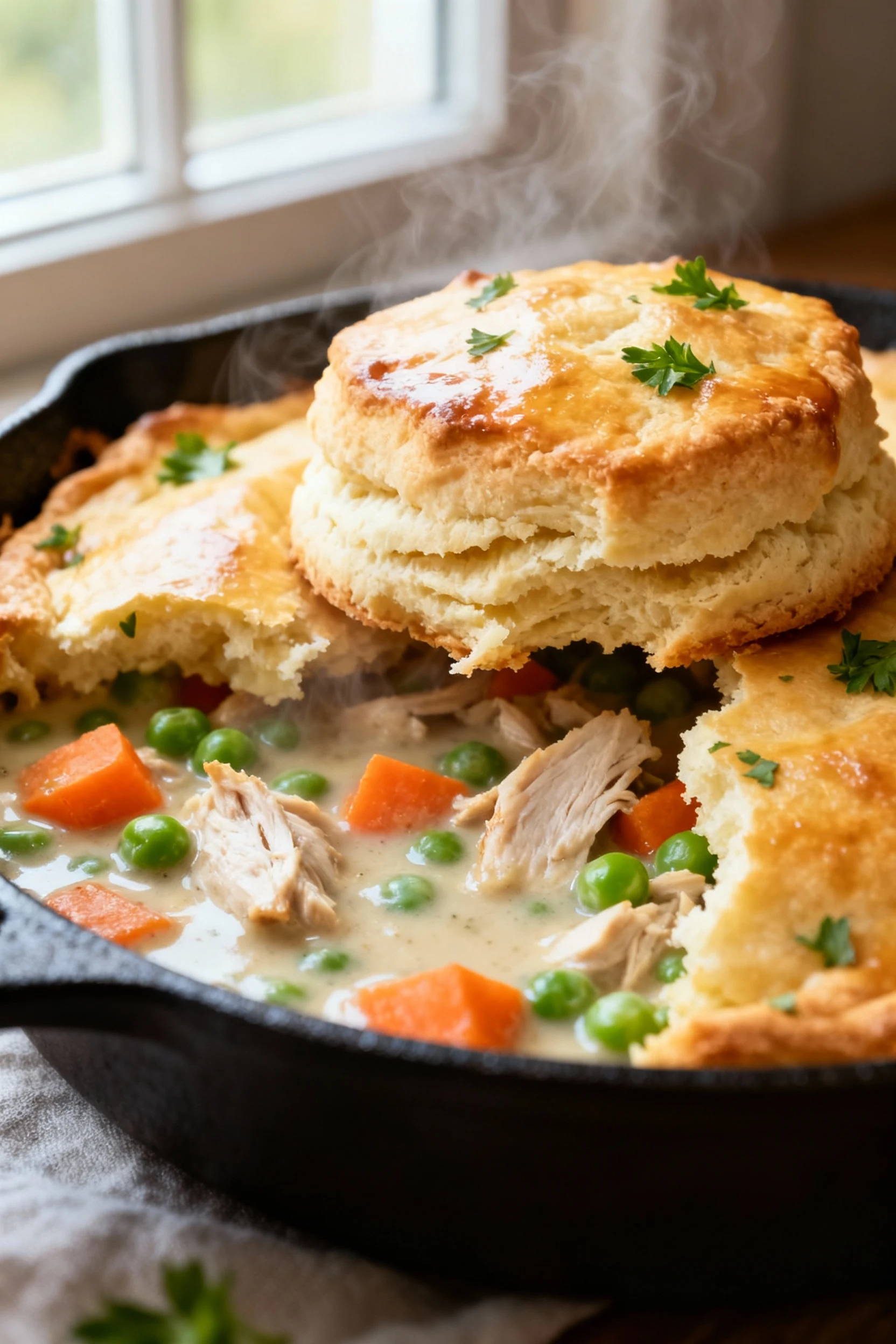 Close-up of a torn buttermilk biscuit crown revealing flaky layers and steamy chicken pot pie filling beneath—creamy gra