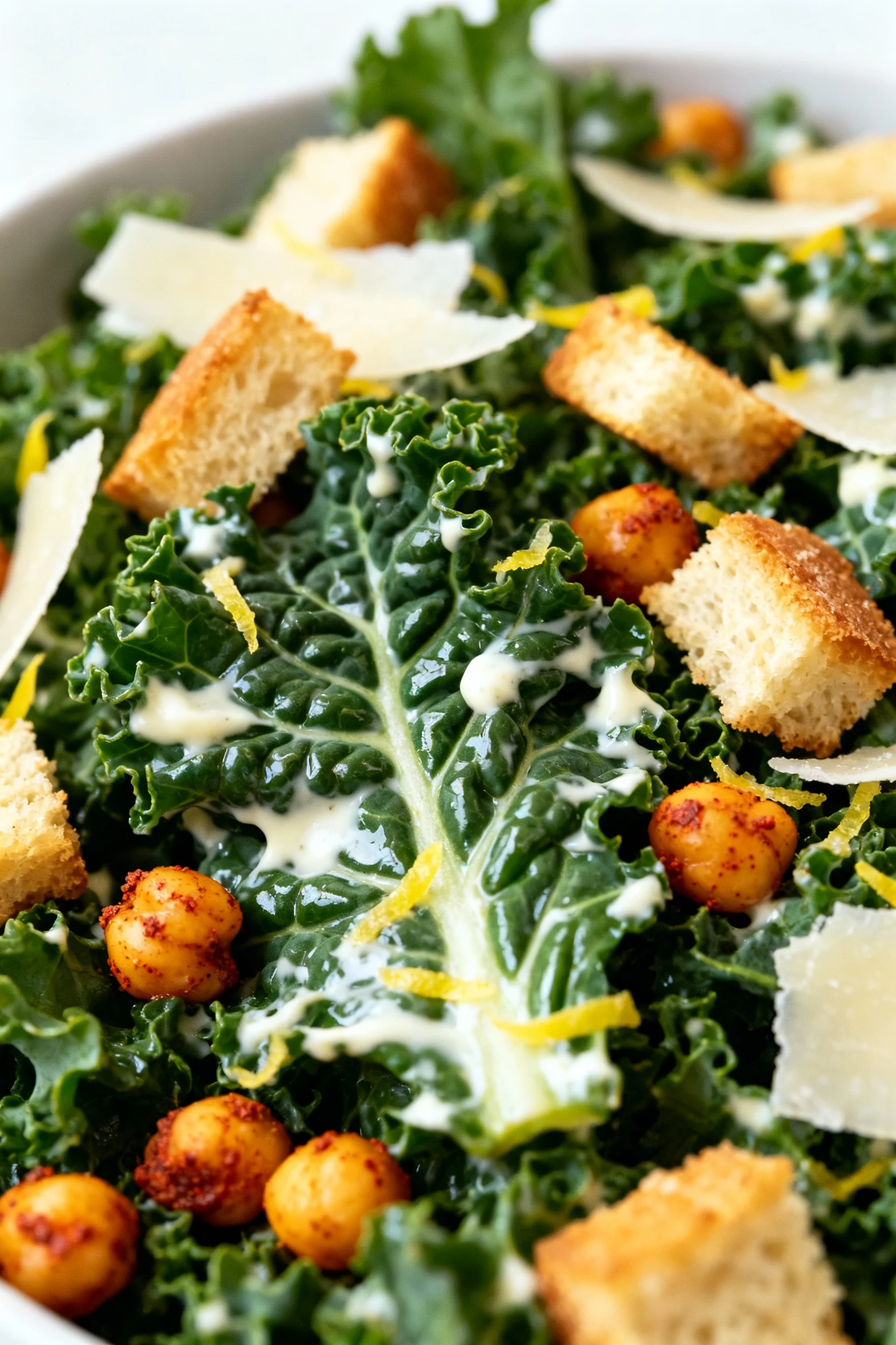 Close-up of Kale Caesar with Crispy Chickpeas: glossy, well-dressed lacinato kale with yogurt Caesar clinging to the cri