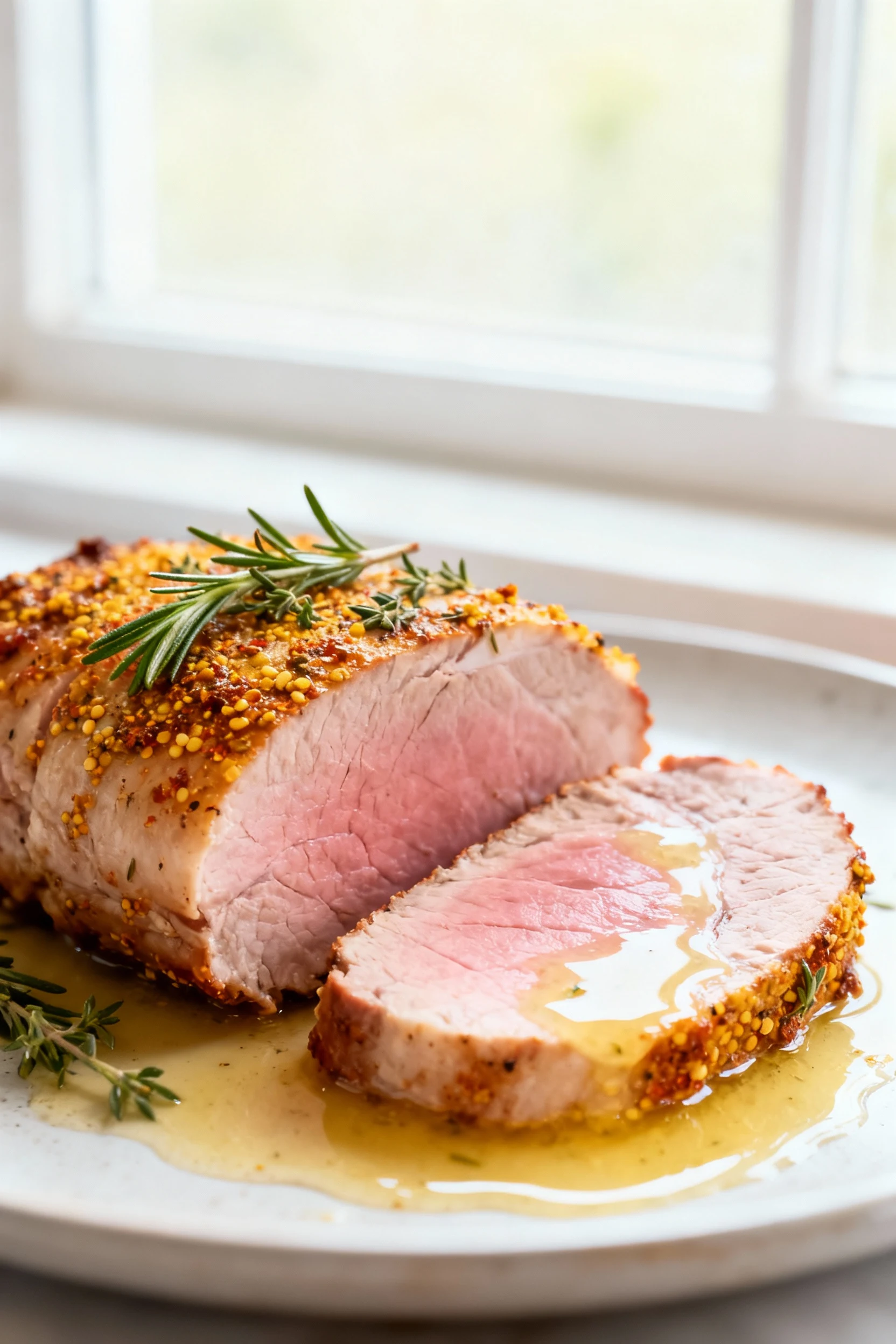 1. Close-up of juicy oven-roasted pork loin slices, blush-pink interior, crisp golden Dijon–paprika crust with rosemary 