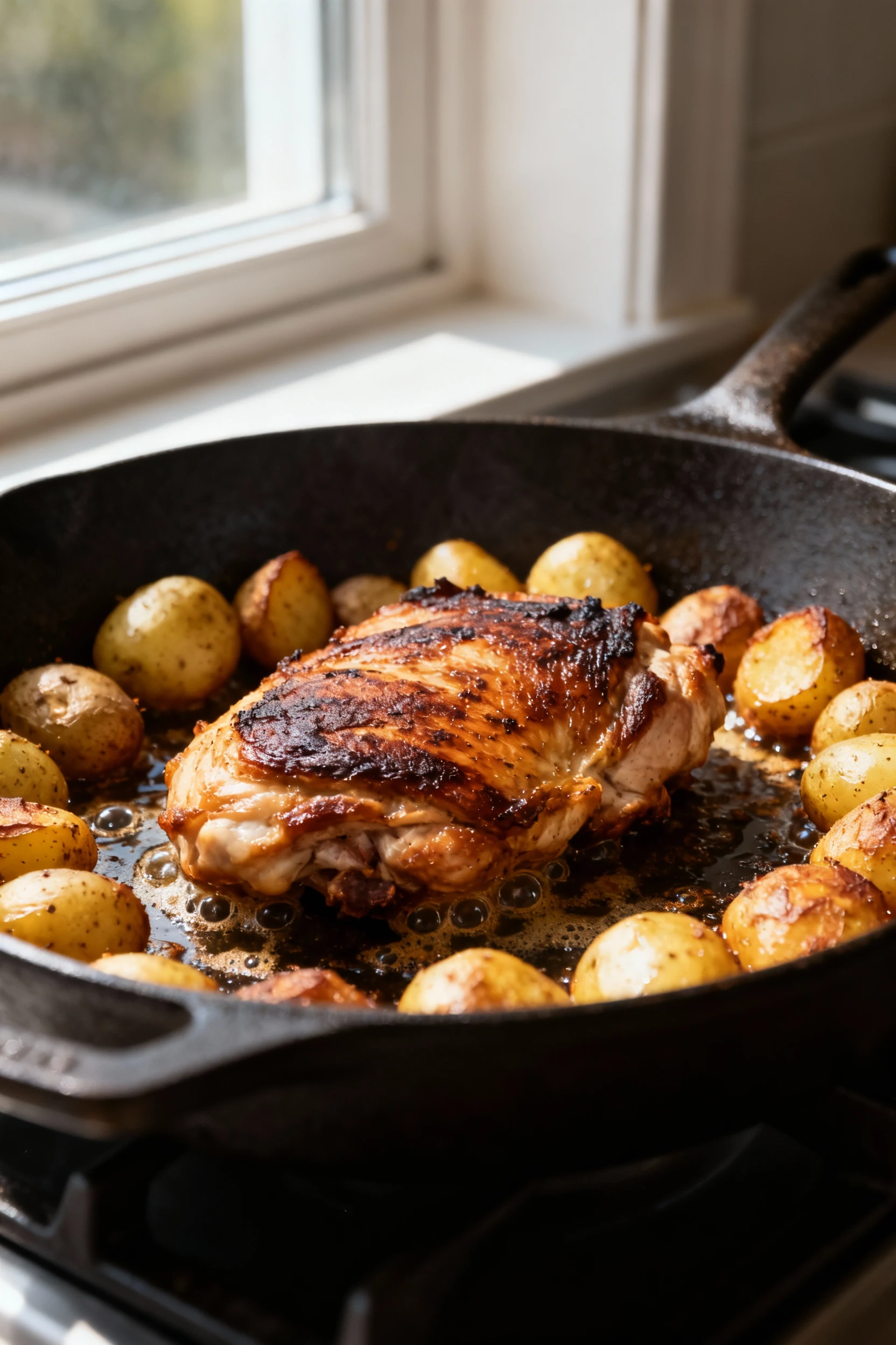 Cooking process: high-heat sear in a large cast-iron skillet—deeply browned boneless chicken thighs in the center, crisp