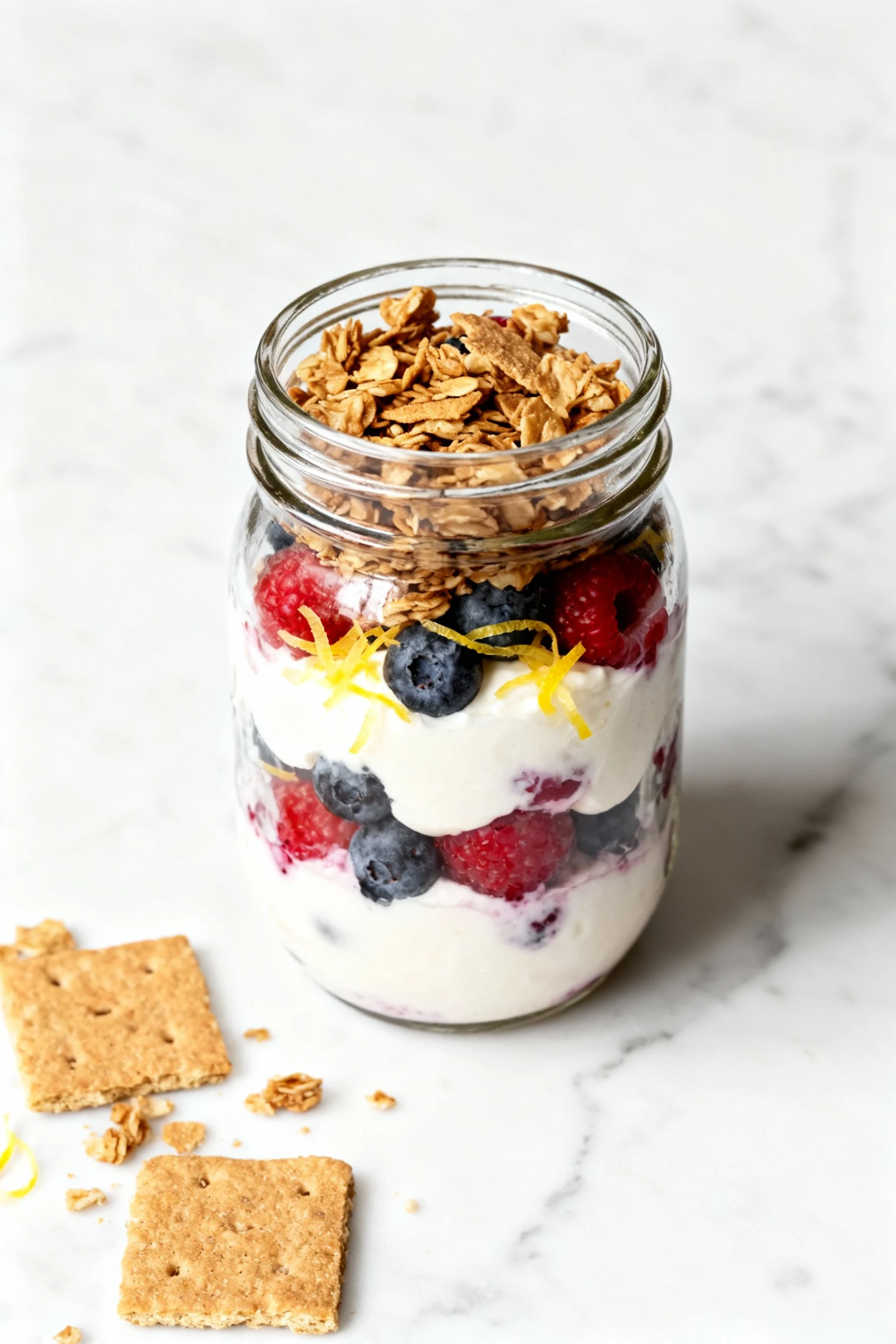 Overhead shot of a Berry Cheesecake parfait in a wide‑mouth glass jar showing crisp layers of vanilla Greek yogurt, mixe
