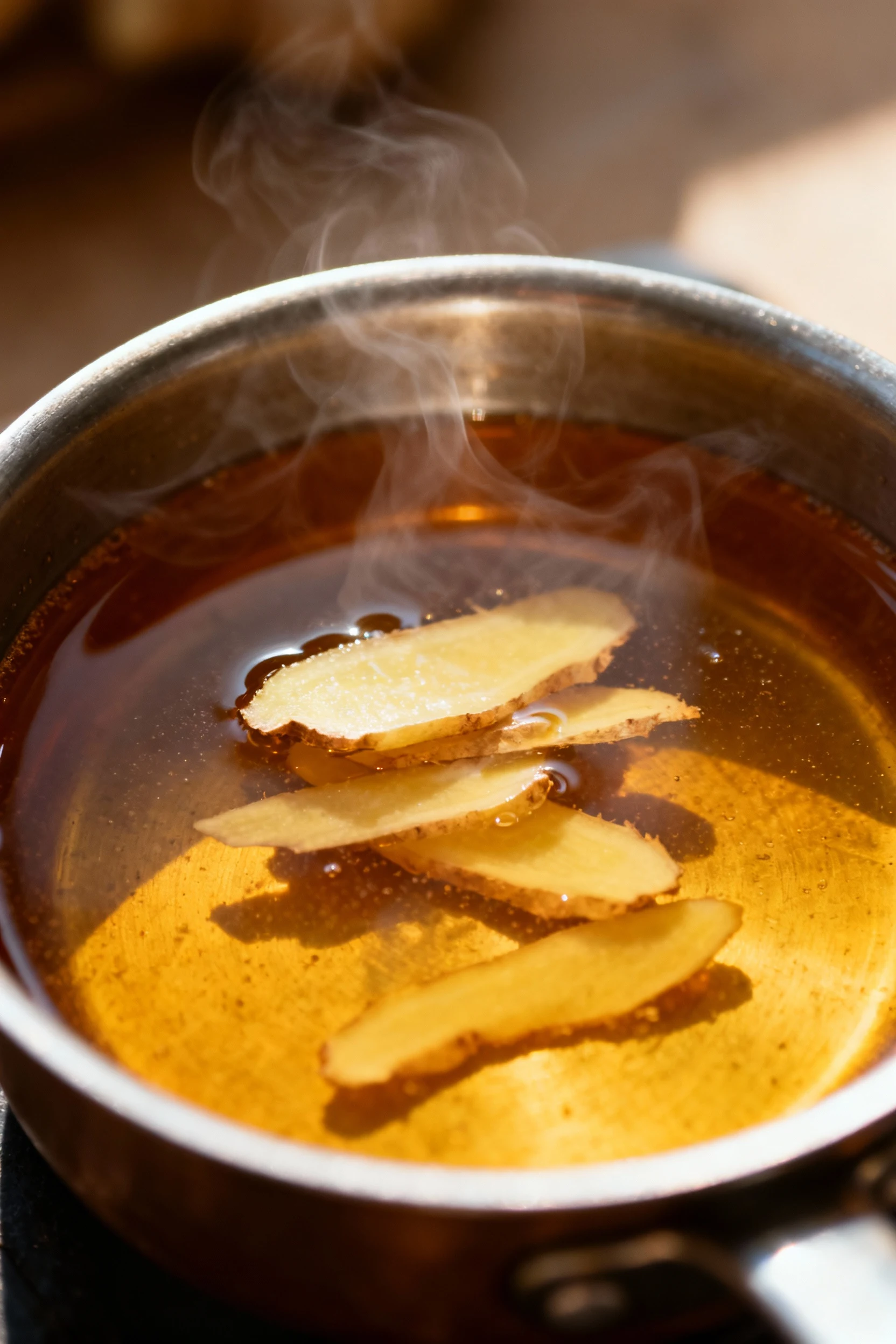 Close-up detail: Ginger-honey syrup simmering in a small saucepan, thin ginger slices steeping in amber syrup with gentl