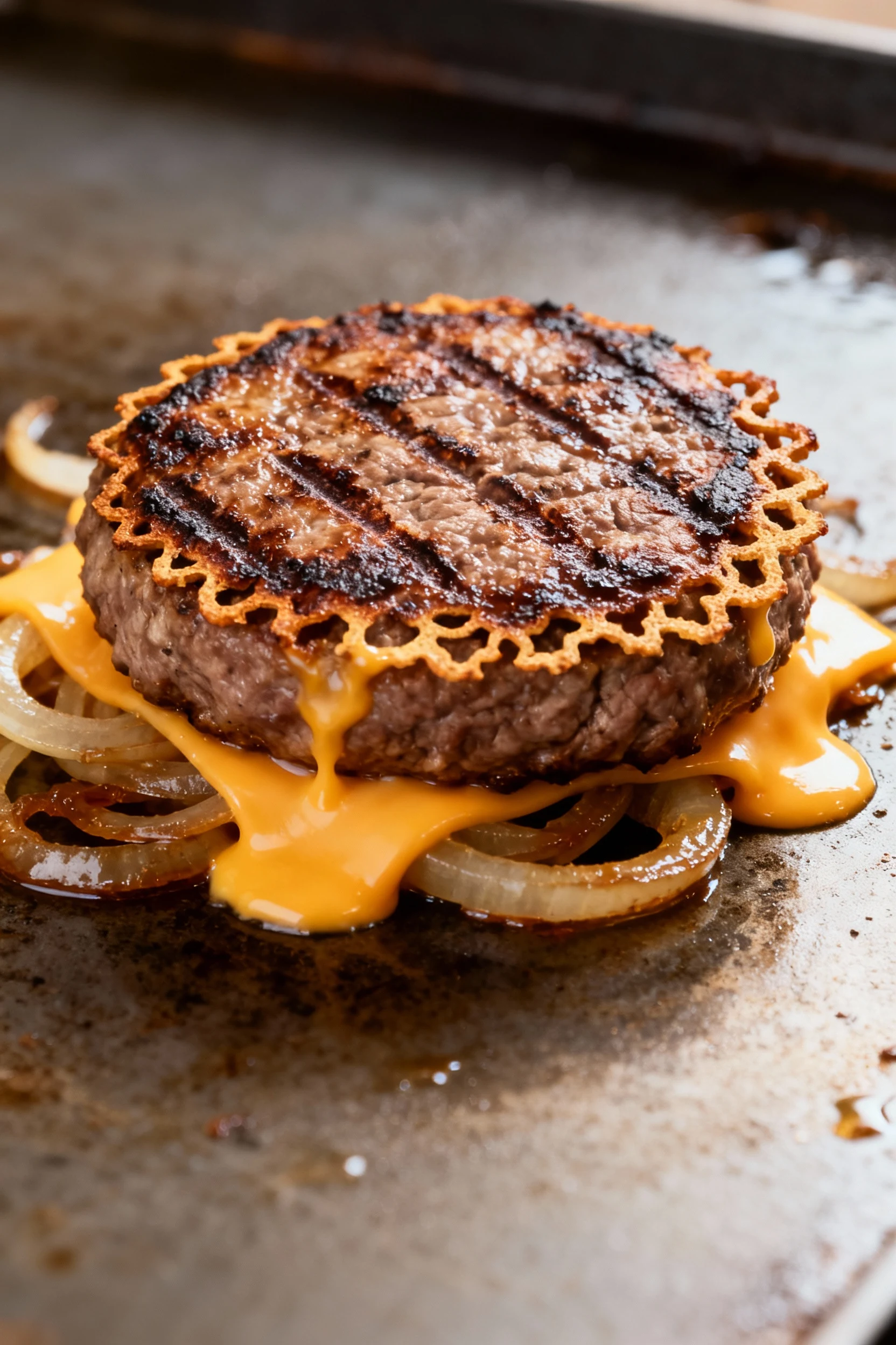 Close-up onion smash burger mid-sear on the flat-top: thin onions caramelizing under a 2‑oz beef patty with deep Maillar