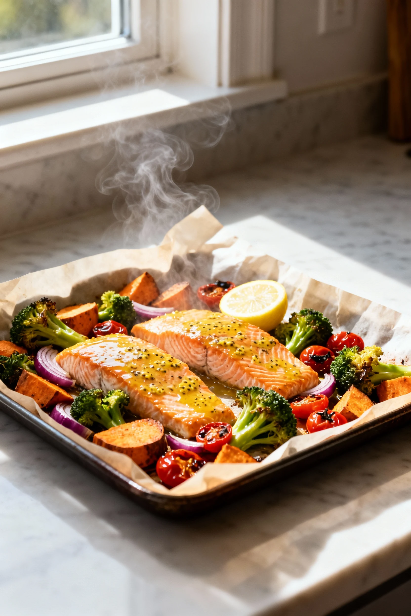 Cooking process: sheet-pan salmon for two just glazed with lemon–garlic–Dijon, nestled among roasted broccoli, carameliz