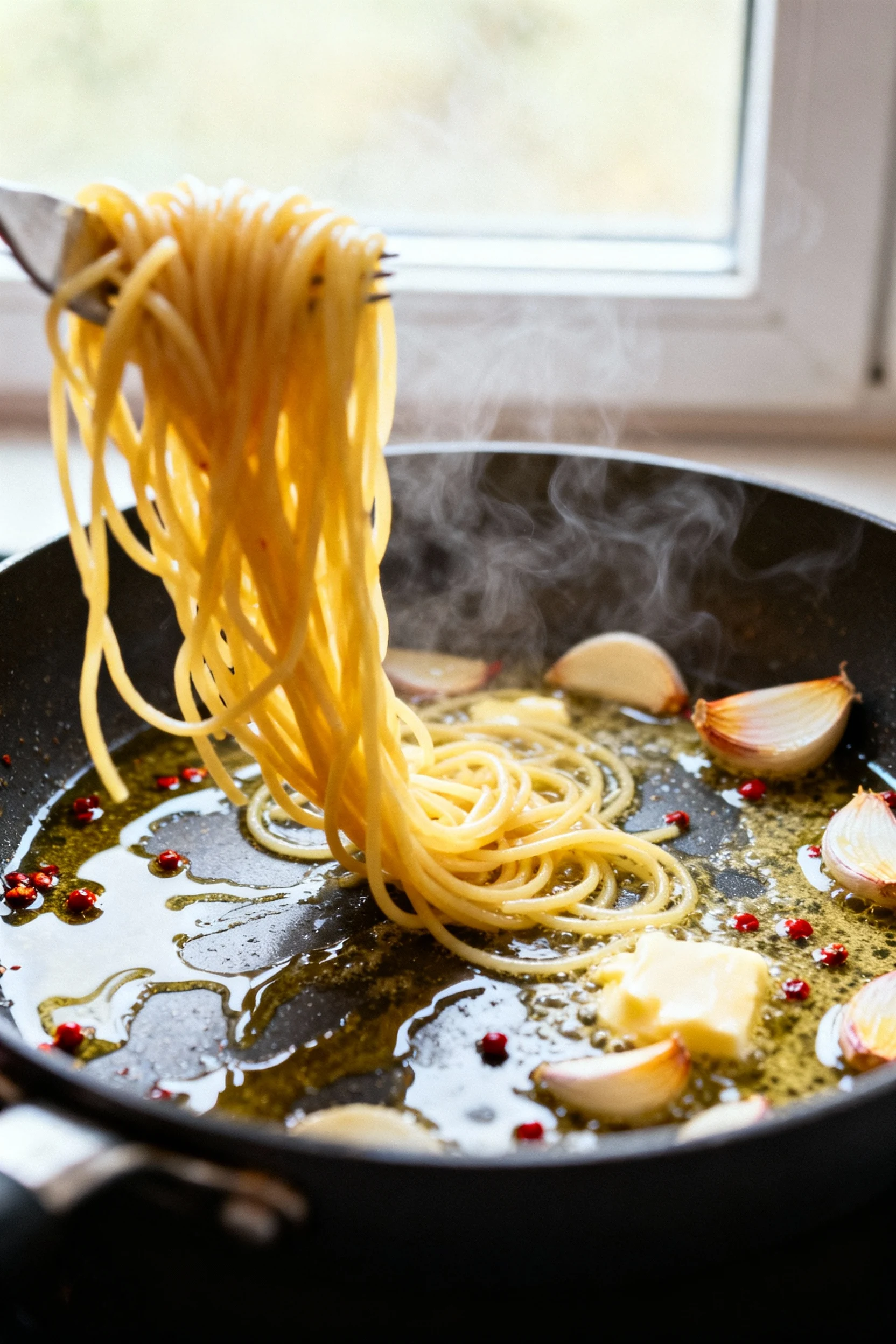 1. Close-up of spaghetti being vigorously tossed in a skillet as starchy pasta water emulsifies with olive oil and butte