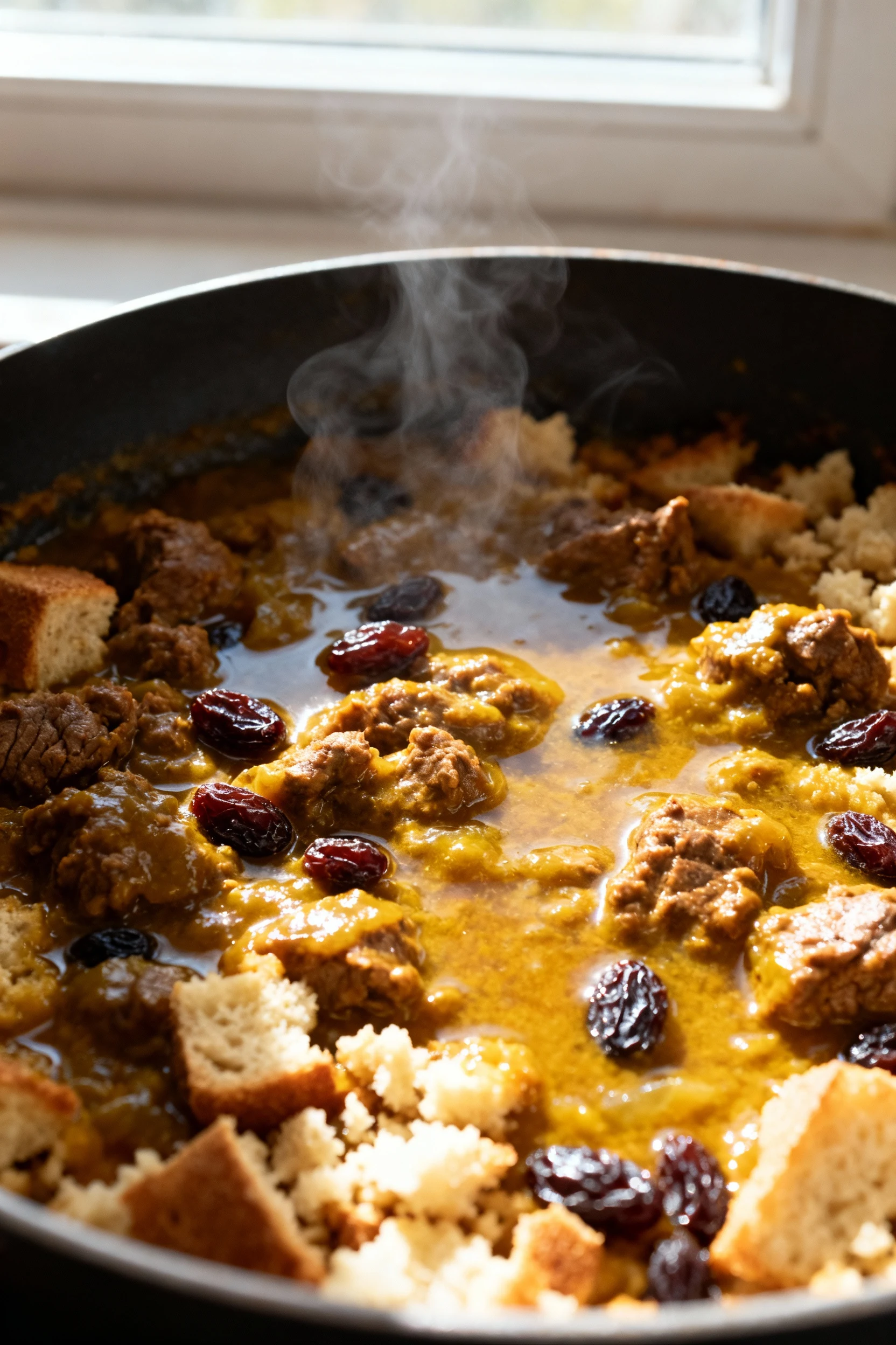 1. Cooking process: Bobotie filling simmering in a skillet after chutney, raisins, vinegar, and crumbled soaked bread ar