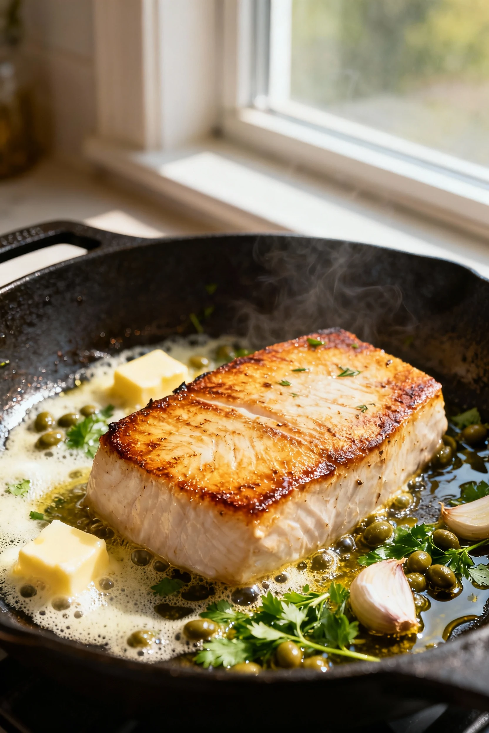 Thick swordfish steak searing in a ripping-hot cast-iron skillet, deep golden crust forming while foaming butter, choppe