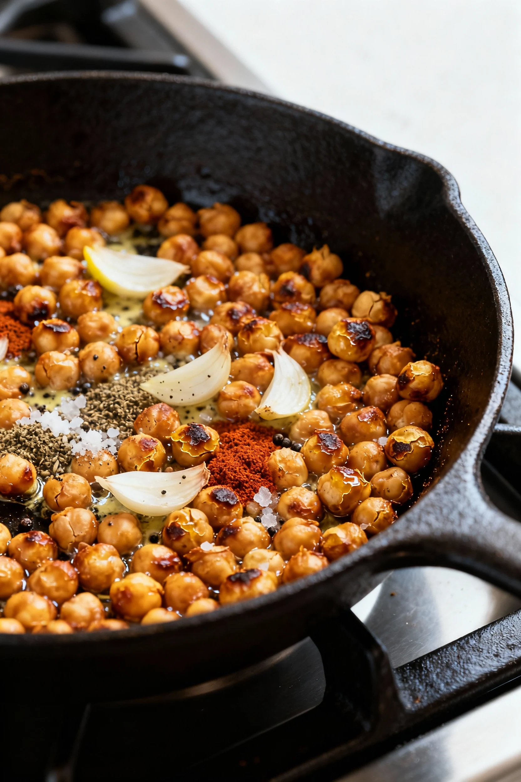 Crispy lemon–tahini chickpeas sizzling in a preheated cast-iron skillet, chickpeas dry and blistered with crackly golden