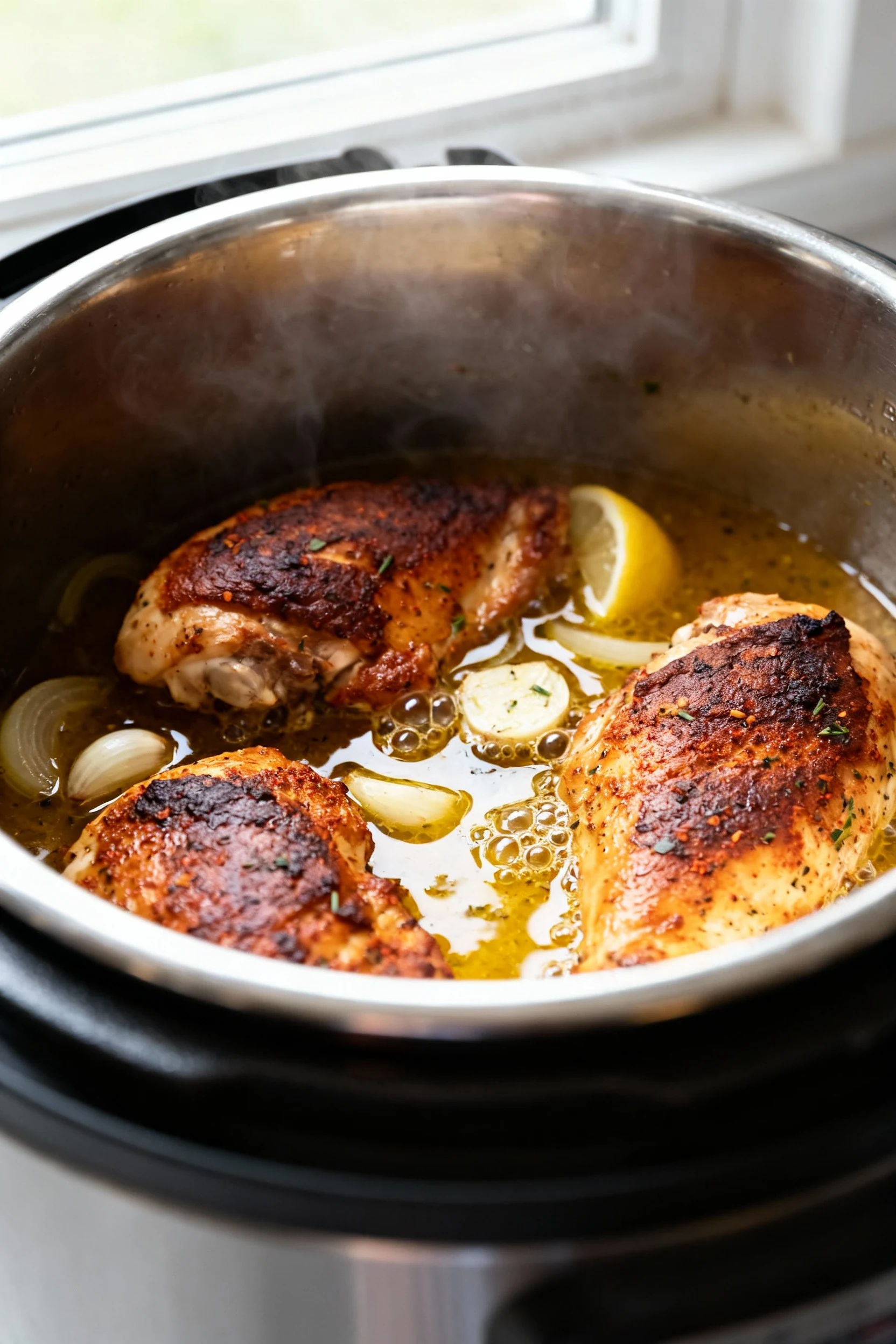 Close-up of seared paprika-garlic chicken thighs in a pressure cooker on Sauté, mahogany crust, onions and garlic simmer