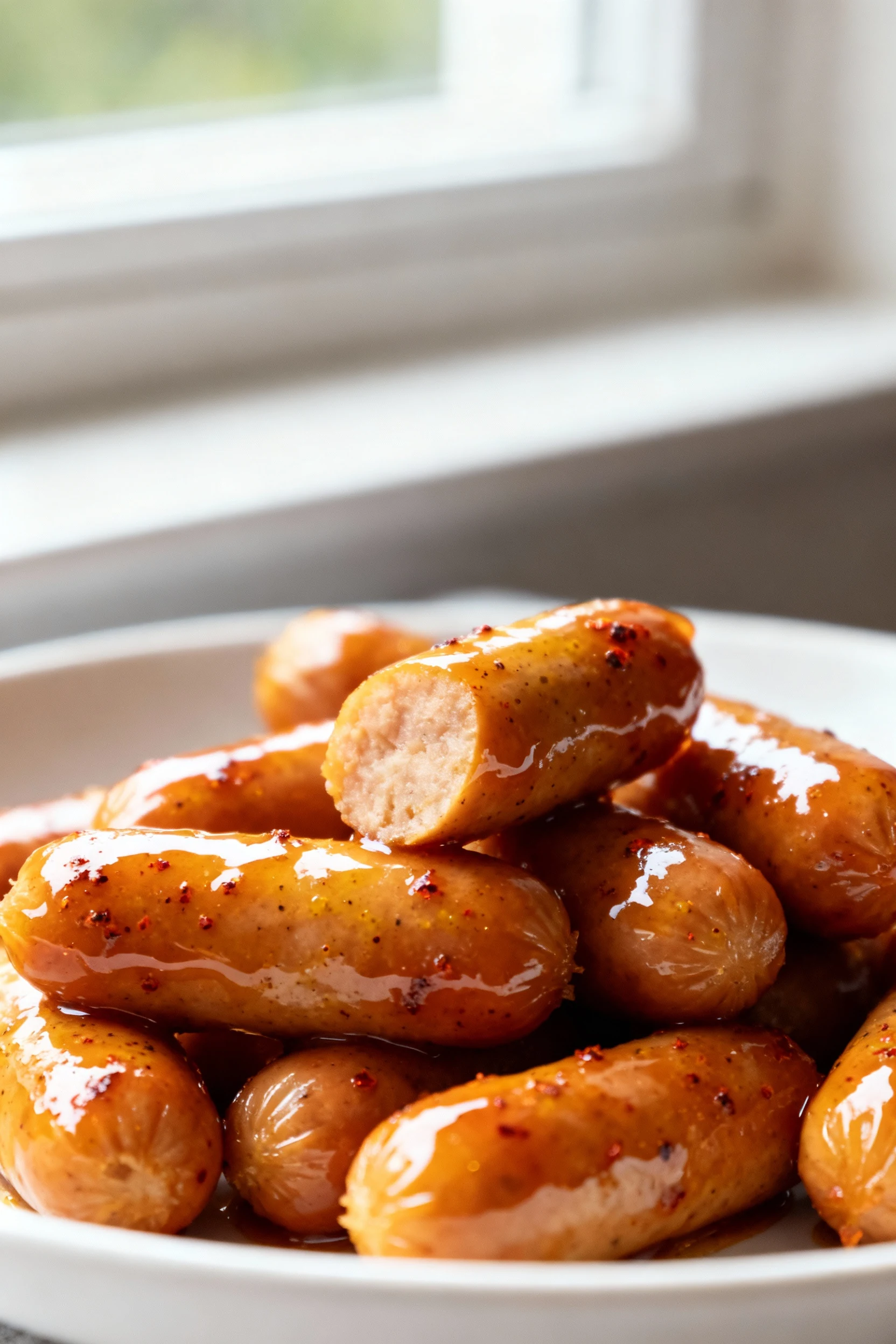 1. Close-up of Maple Dijon–glazed Little Smokies, amber-gold maple sheen with smoked paprika specks, thick lacquer cling