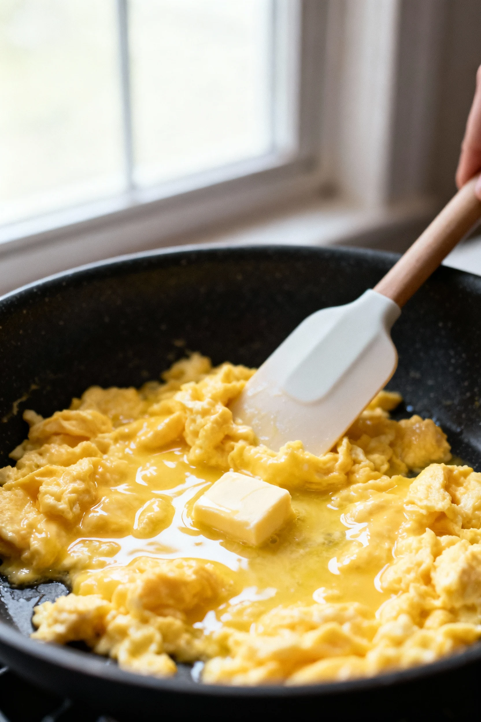 1. Close-up: glossy, custardy scrambled eggs forming silky tender curds in a nonstick skillet, silicone spatula pushing 