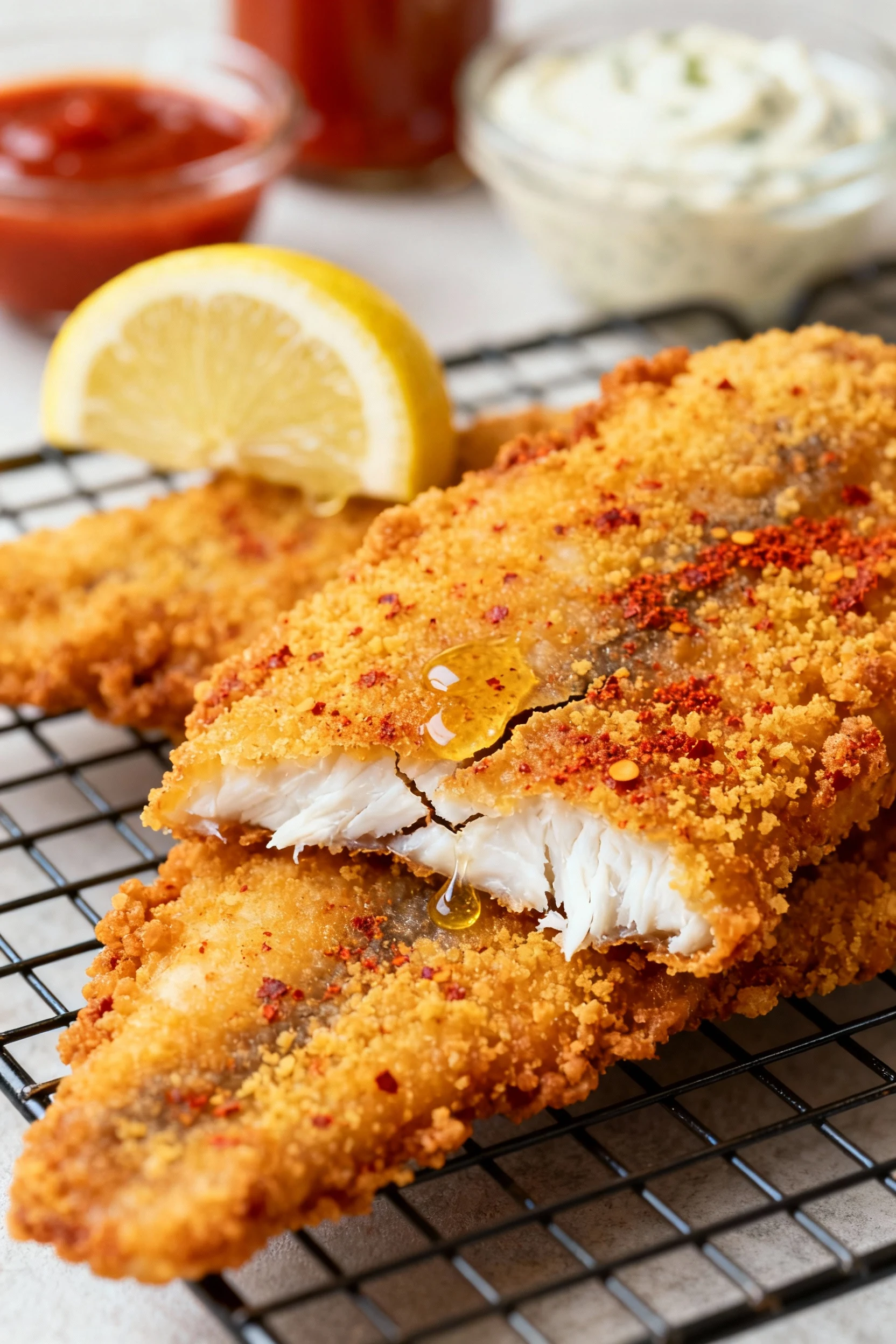 Close-up of Southern crispy fried catfish: deep golden cornmeal crust (paprika, cayenne flecks), flaky white interior pe