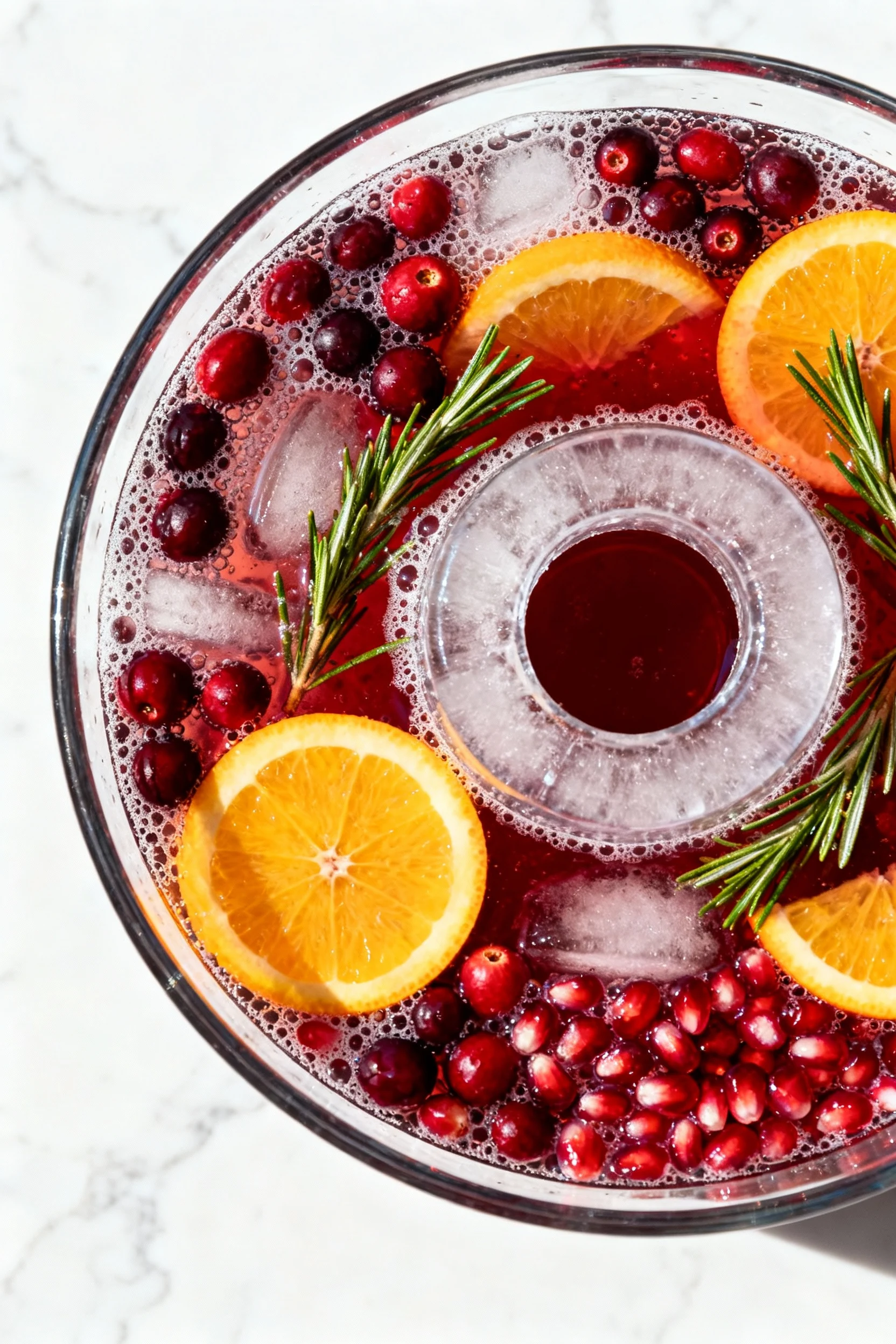 Overhead shot of a ruby-red holiday punch in a clear glass punch bowl, lively fizz from ginger ale and sparkling water, 