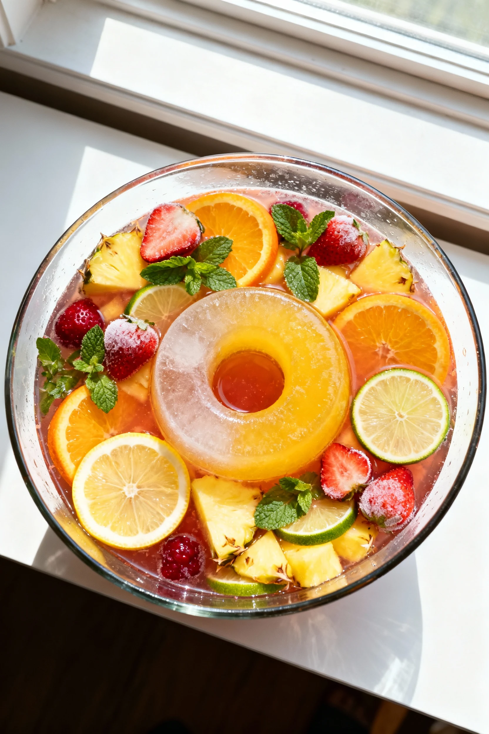 1. Overhead shot of the finished non-alcoholic fruit punch in a large glass punch bowl: bright pineapple-yellow, orange,