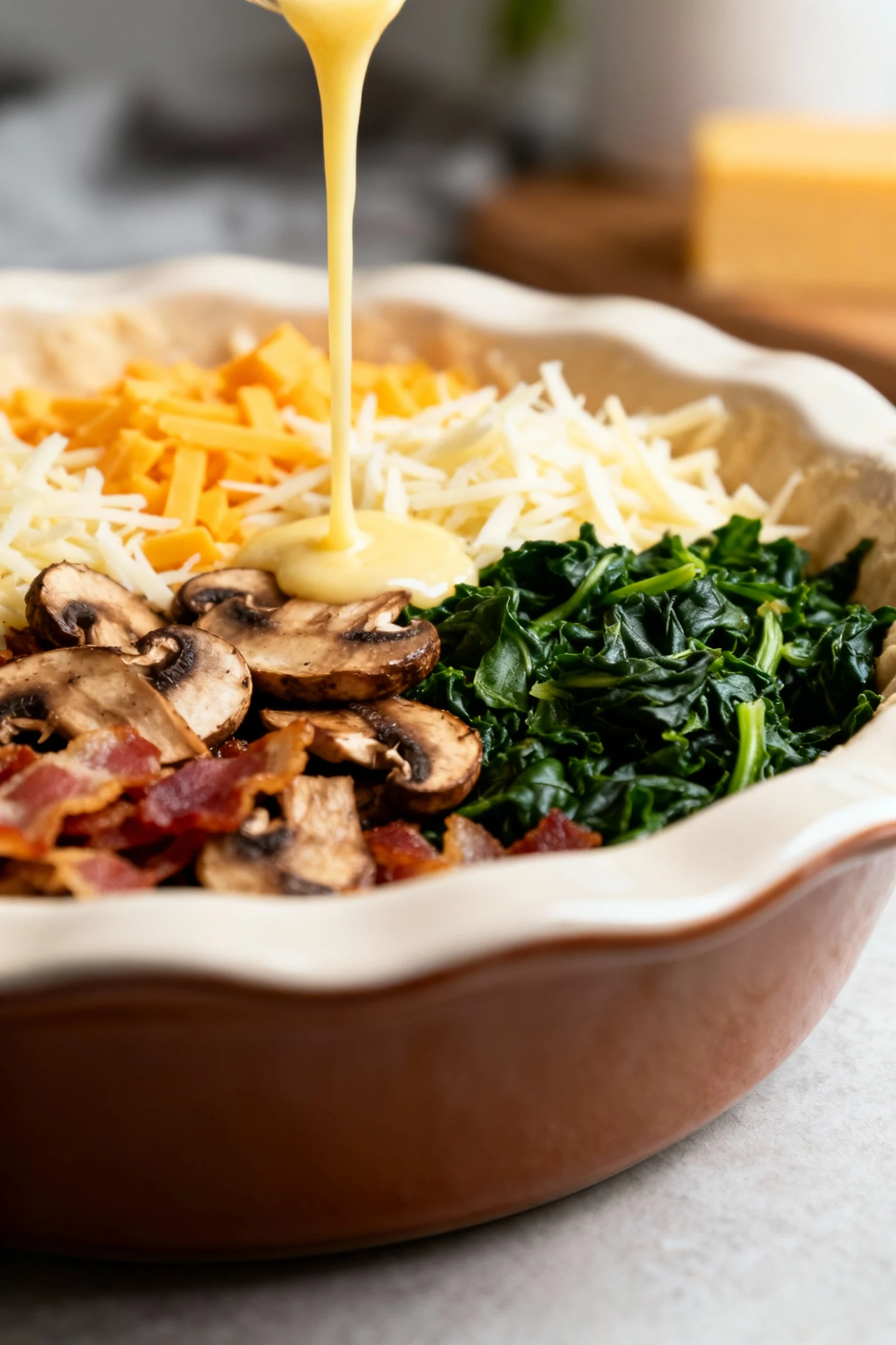 45-degree shot of a greased 9-inch deep-dish ceramic pie plate layered with shredded Gruyère and sharp cheddar, browned 