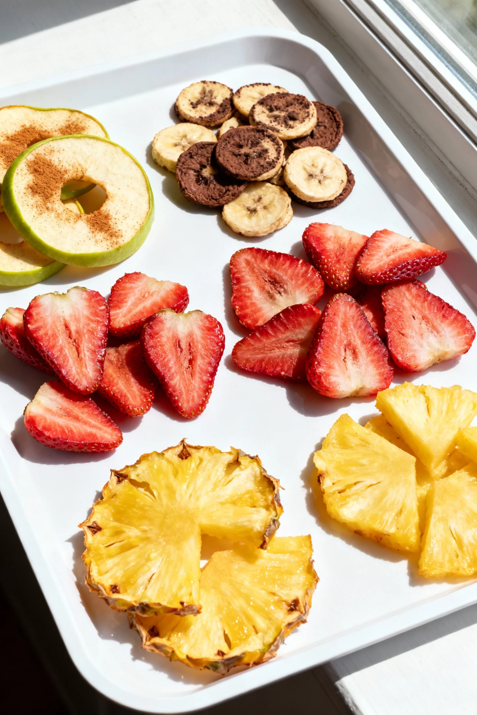 Overhead shot of mixed fruit chips—Granny Smith apple rings dusted with cinnamon, cocoa-dusted banana coins, ruby strawb