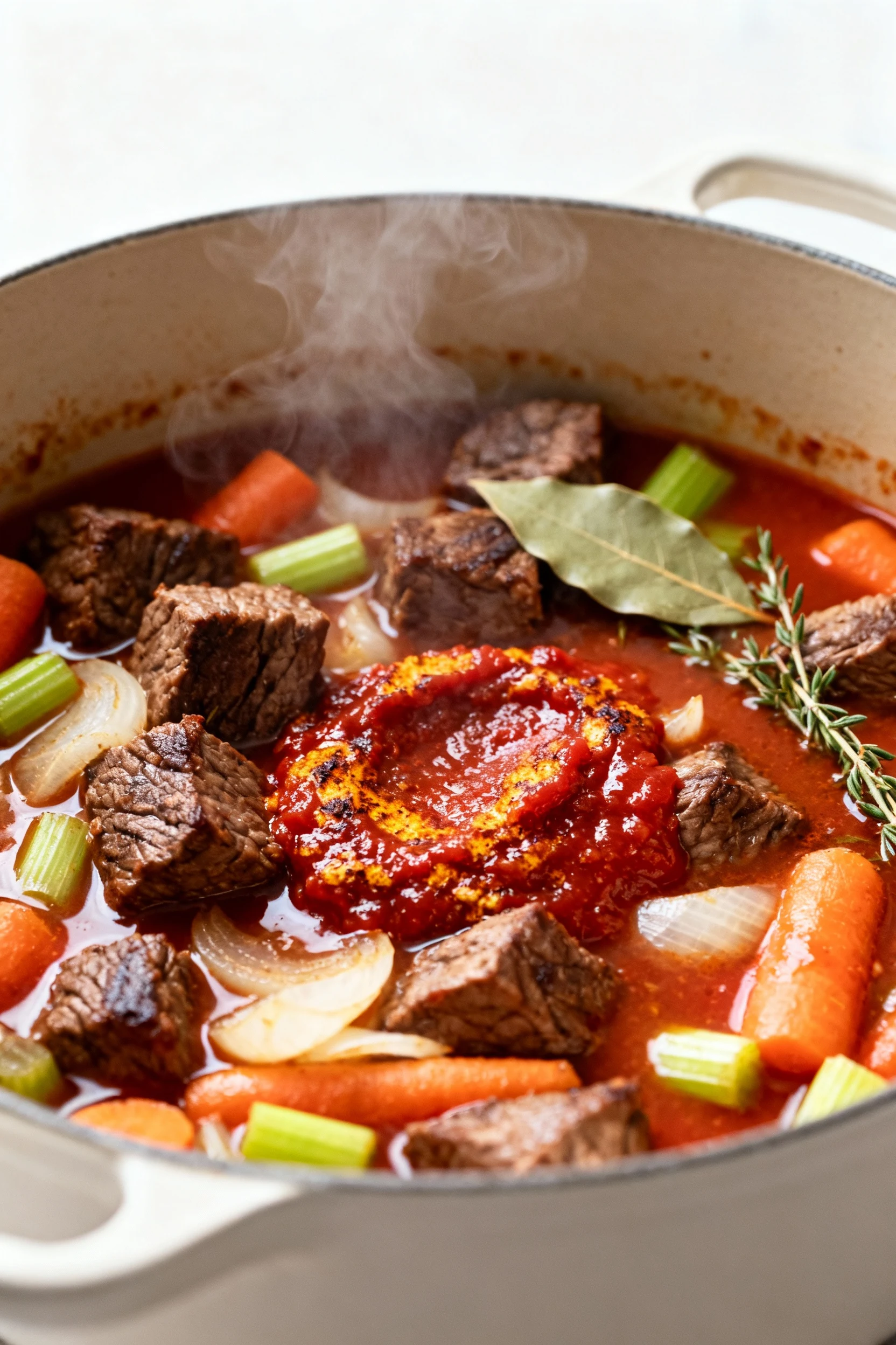 Close-up of deeply browned beef cubes and sautéed onions, carrots, and celery in a Dutch oven, tomato paste toasted to a