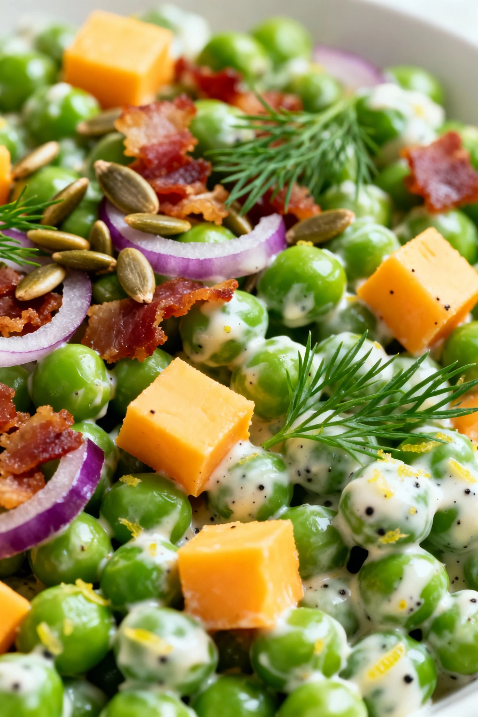 Macro close-up of chilled pea salad—snappy peas coated in creamy mayo–Greek yogurt dressing with tiny flecks of lemon ze