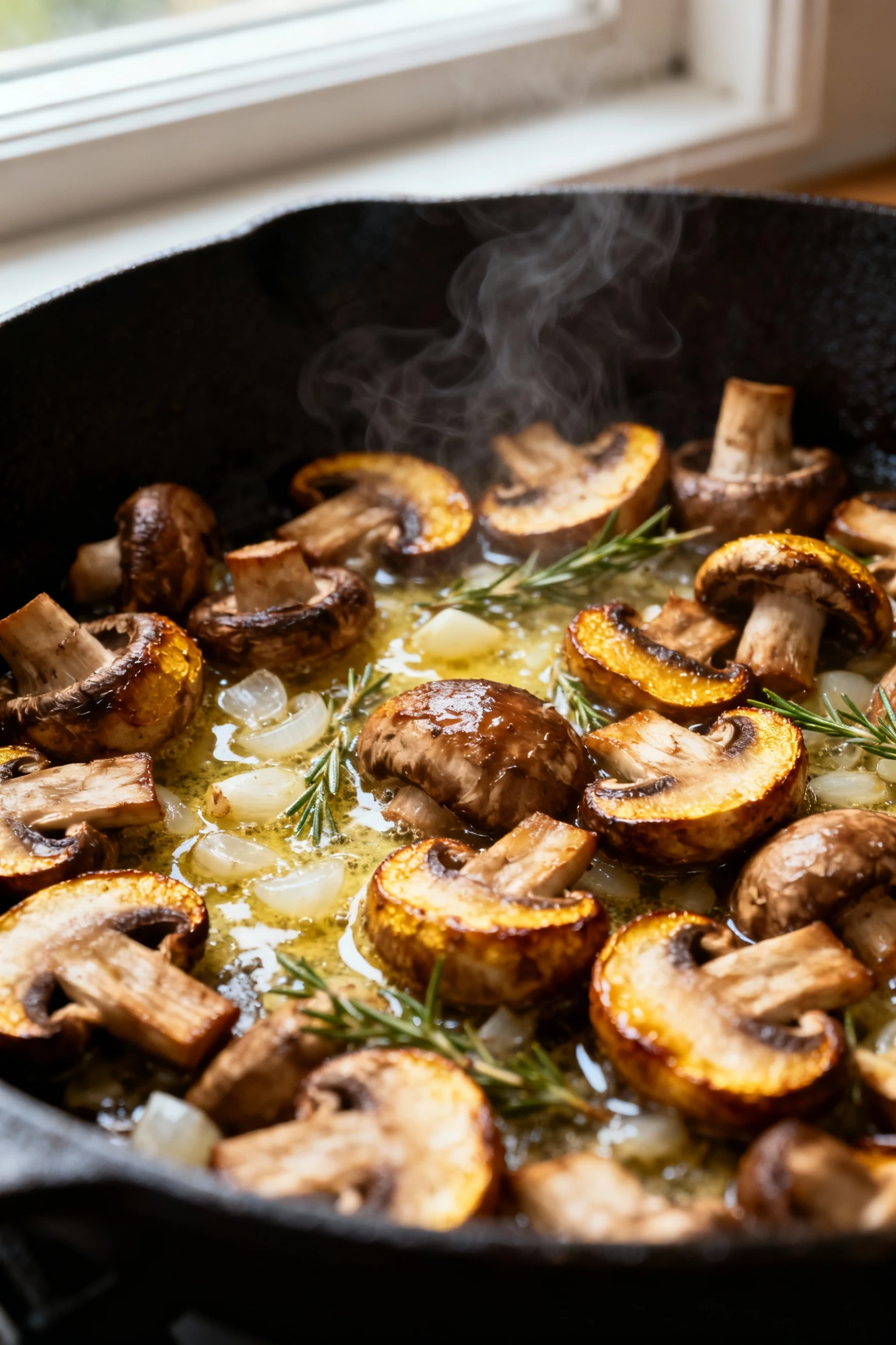 Close-up cooking process: cremini mushrooms browning in butter with shallot, garlic, and thyme; deep golden edges, minim
