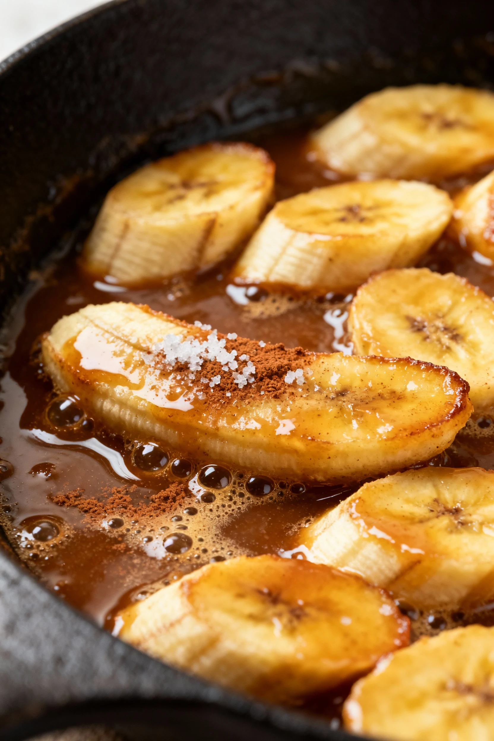 Caramelized Banana Skillet Sundaes being prepared: close-up 45-degree shot of banana slices sizzling in a glossy brown s