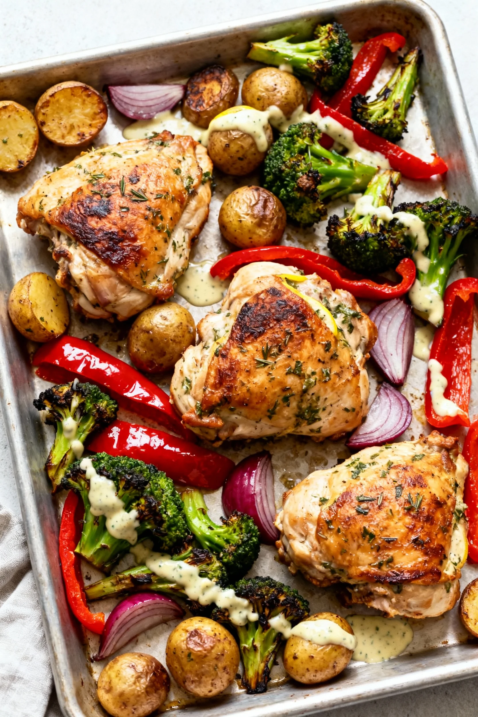 Overhead shot of a just-broiled sheet pan: lemon-herb chicken thighs with bronzed edges nestled among caramelized baby p