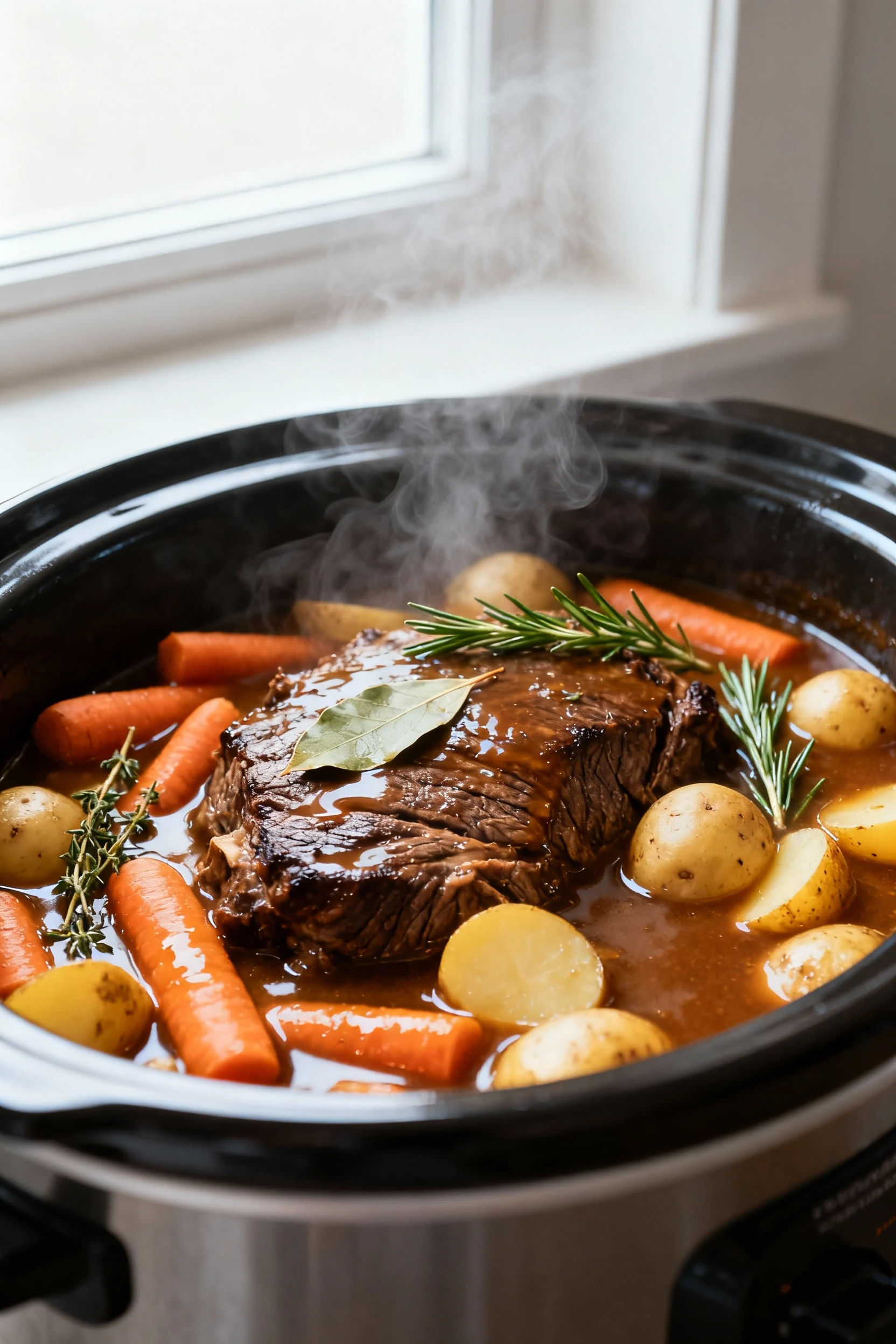 Three-quarter angle of a finished slow-cooker chuck roast nestled among chunky carrots and halved baby potatoes, bubblin