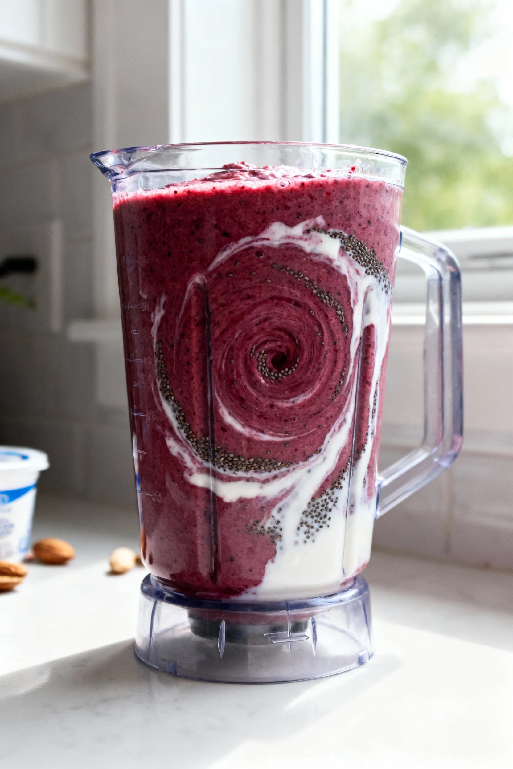 Cooking process: Berry Protein Classic being blended—clear blender jar mid-blend with a silky deep-berry vortex, visible