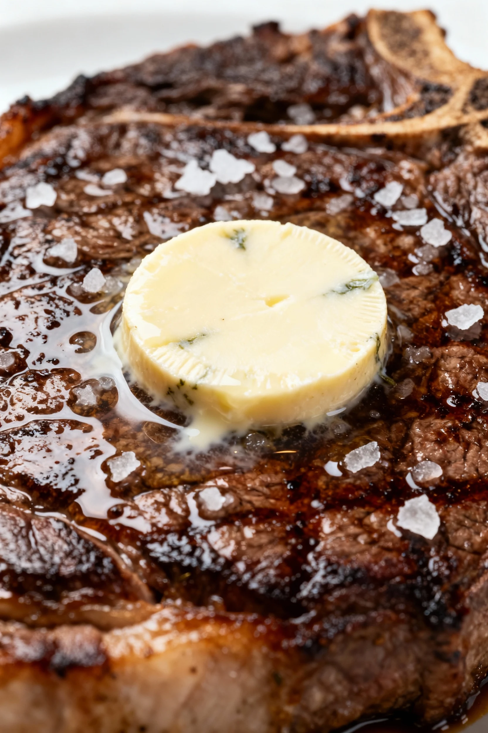 Close-up of a seared ribeye surface with a thick coin of bone marrow butter melting into the deep brown, glassy crust; v