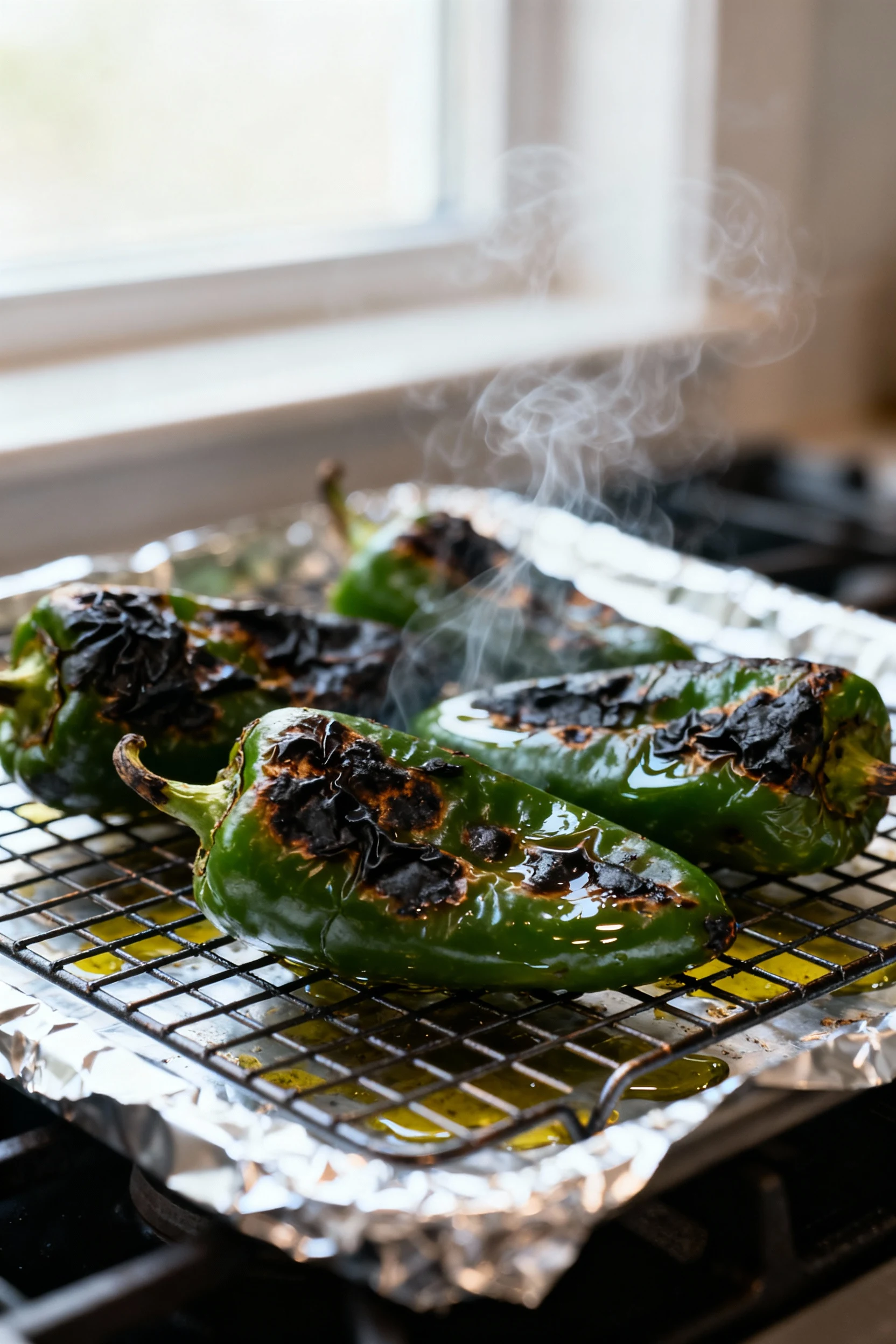 Close-up of blistered roasted poblano peppers on a wire rack over foil, smoky char and glossy olive oil sheen, wisps of 