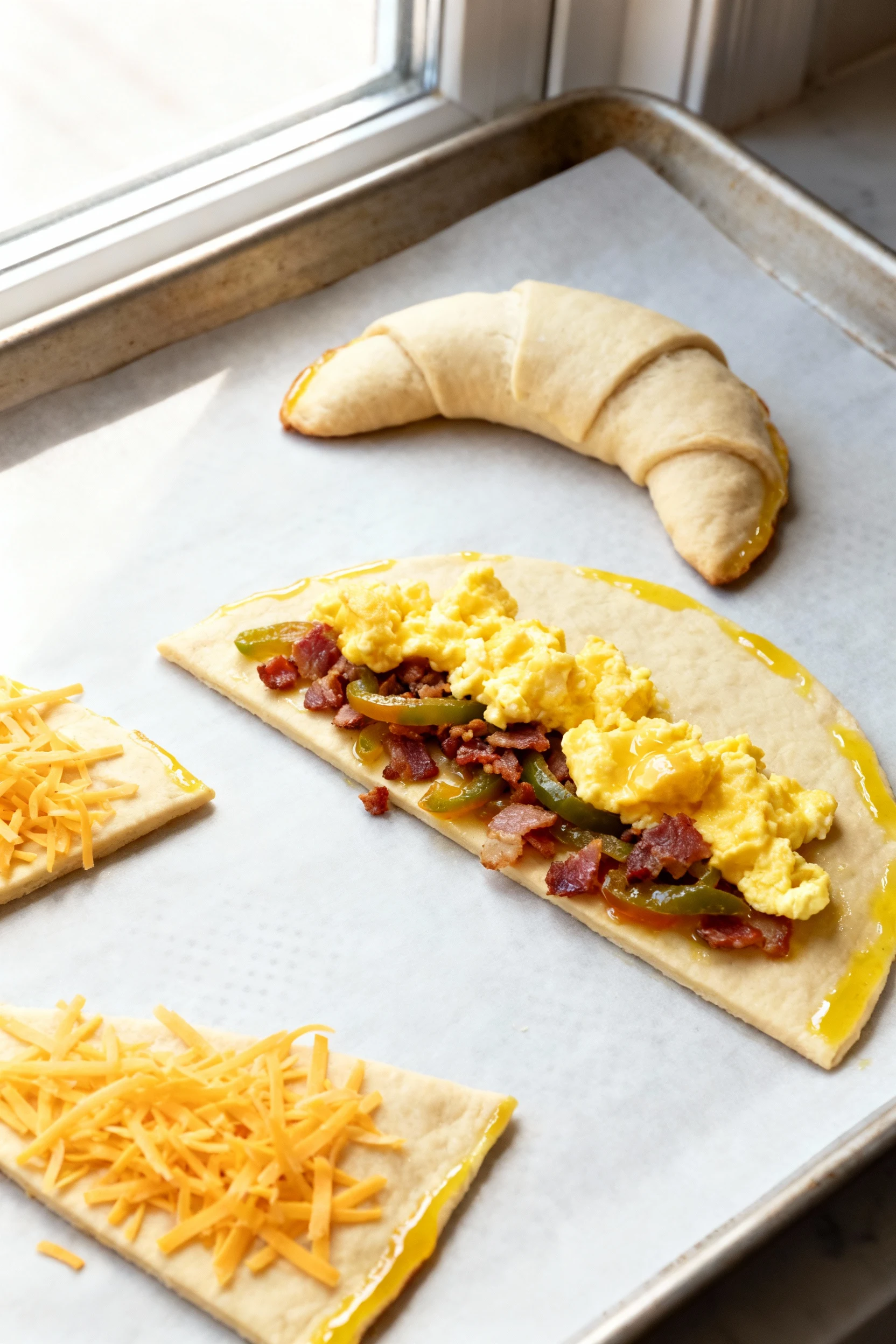 Overhead shot of a parchment-lined, light-colored baking sheet with crescent dough triangles arranged; thin shredded che
