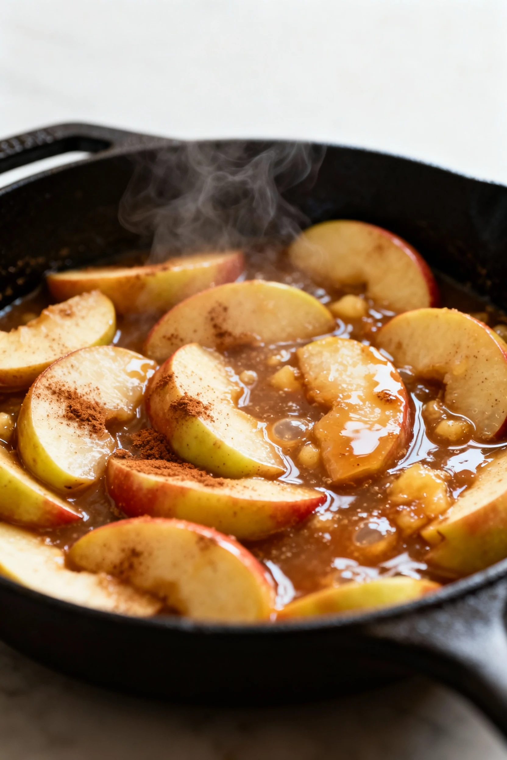 Close-up of skillet cinnamon apples mid-cook: apple slices with slightly translucent edges tossed in buttery brown-sugar