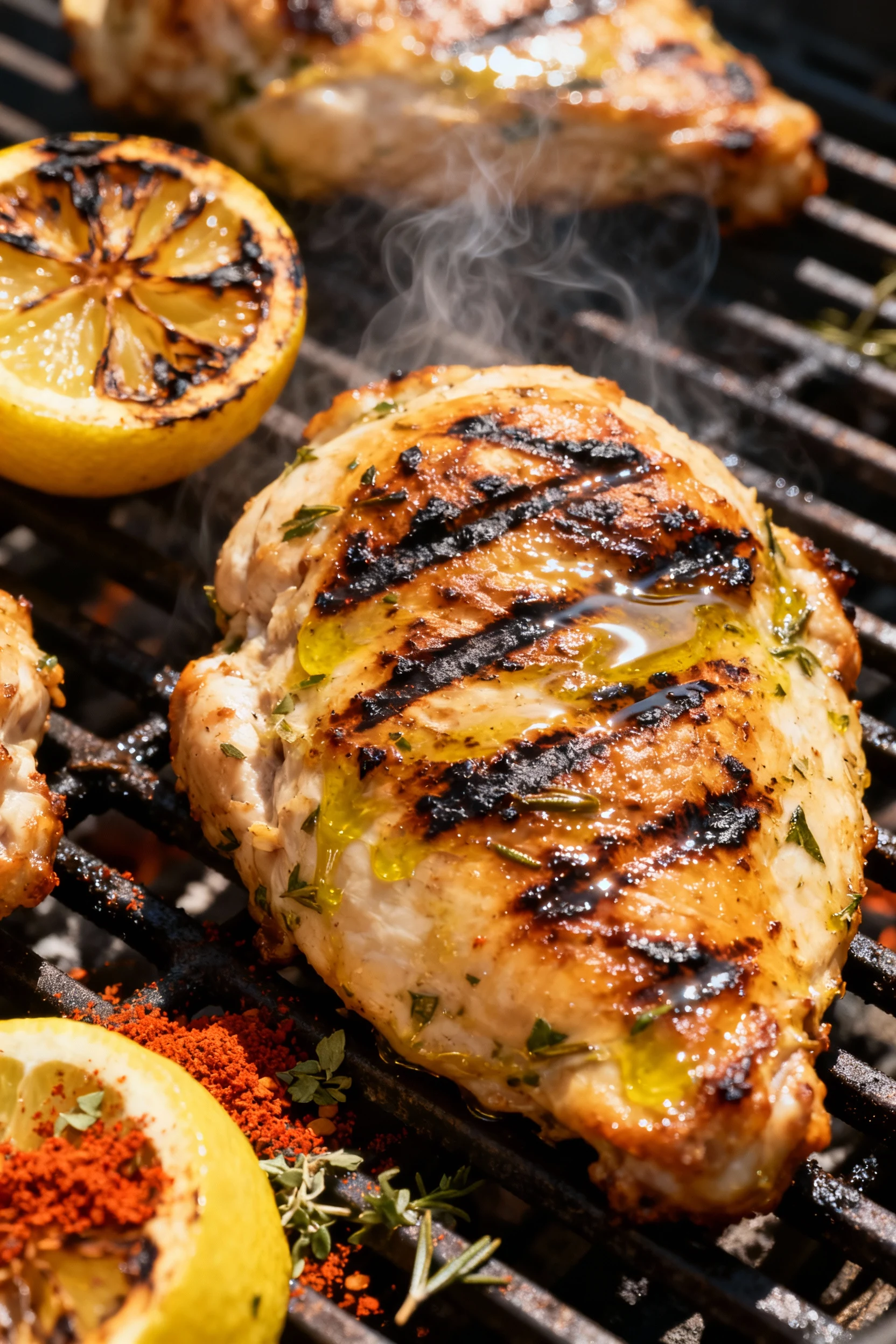 Cooking process: Lemon-herb chicken sizzling on grill grates with deep char marks and a glossy olive oil sheen, charred 